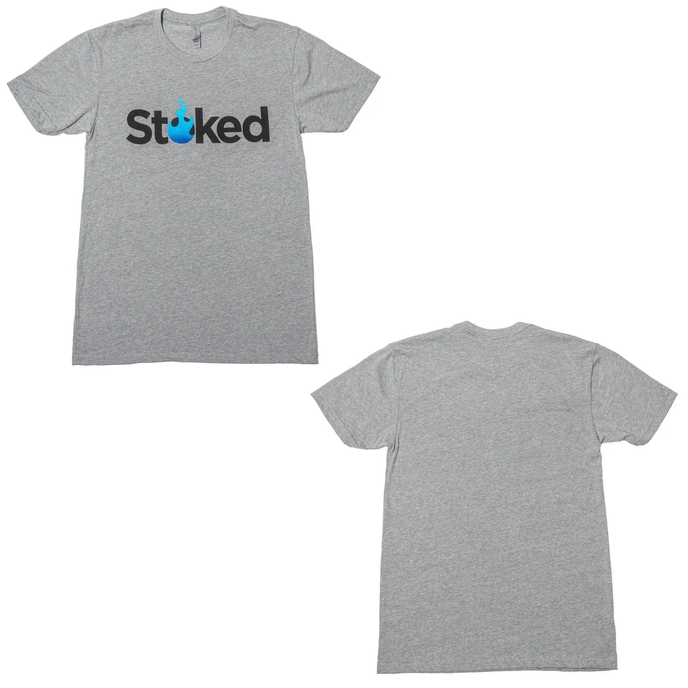 Gray Stoked t-shirt with blue flame logo, front and back view
