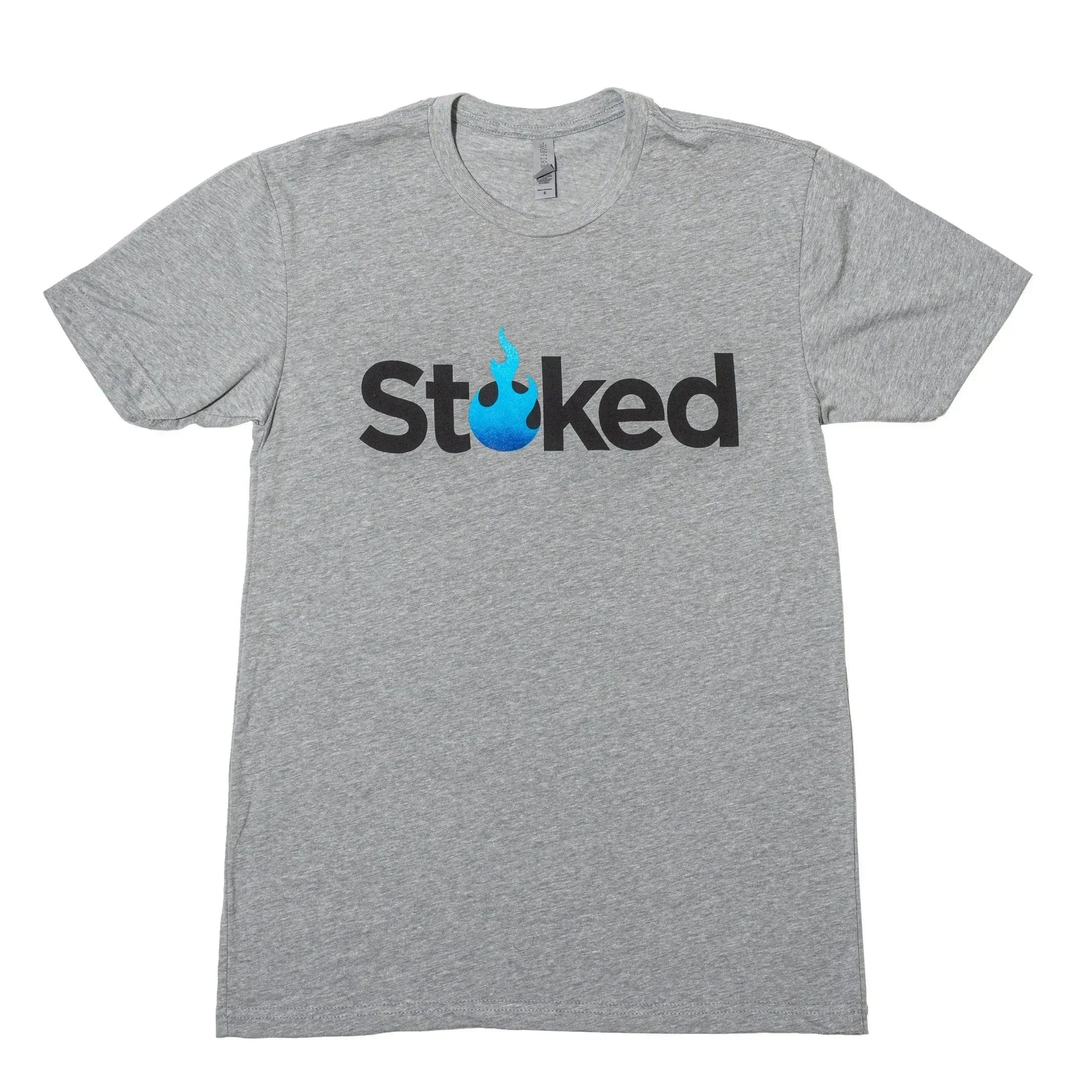 Gray Stoked t-shirt with blue flame logo, perfect for smoke shop apparel and glass gallery fans.