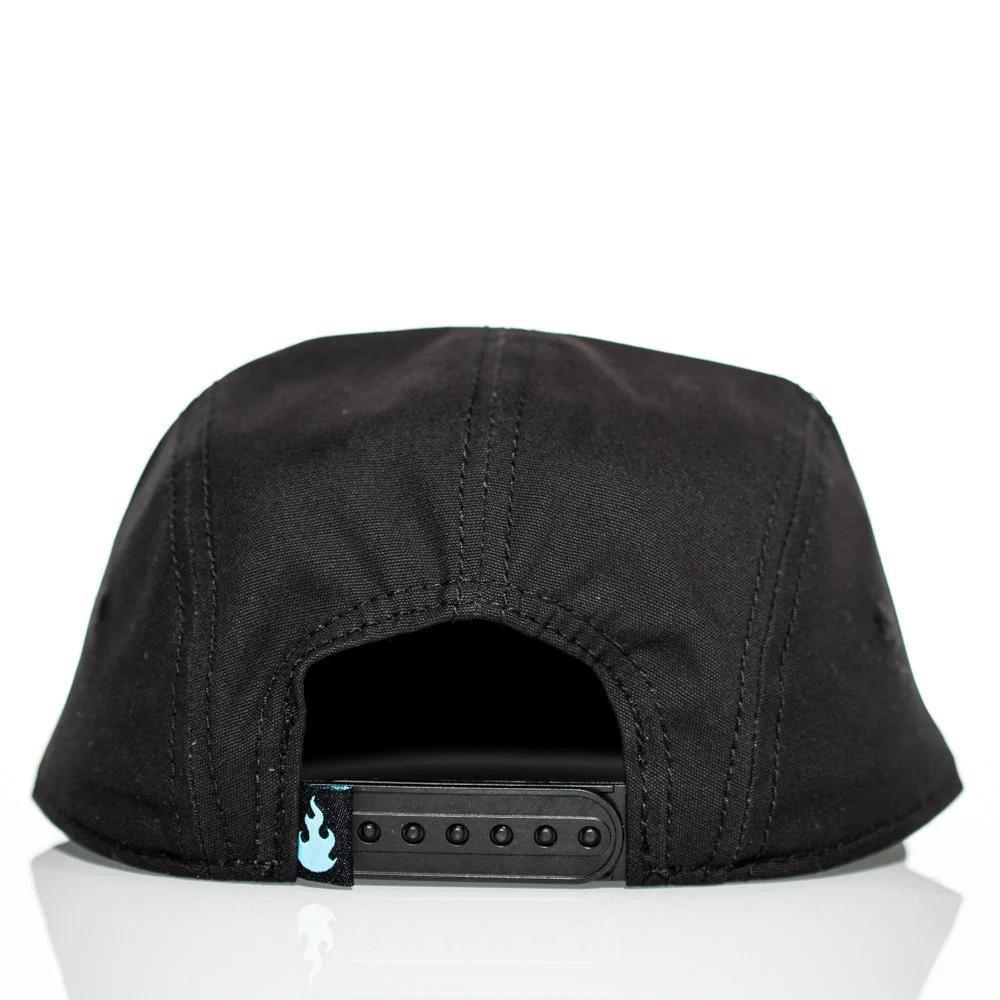 Black 5-panel cap with blue flame tag, adjustable snapback, clean studio shot