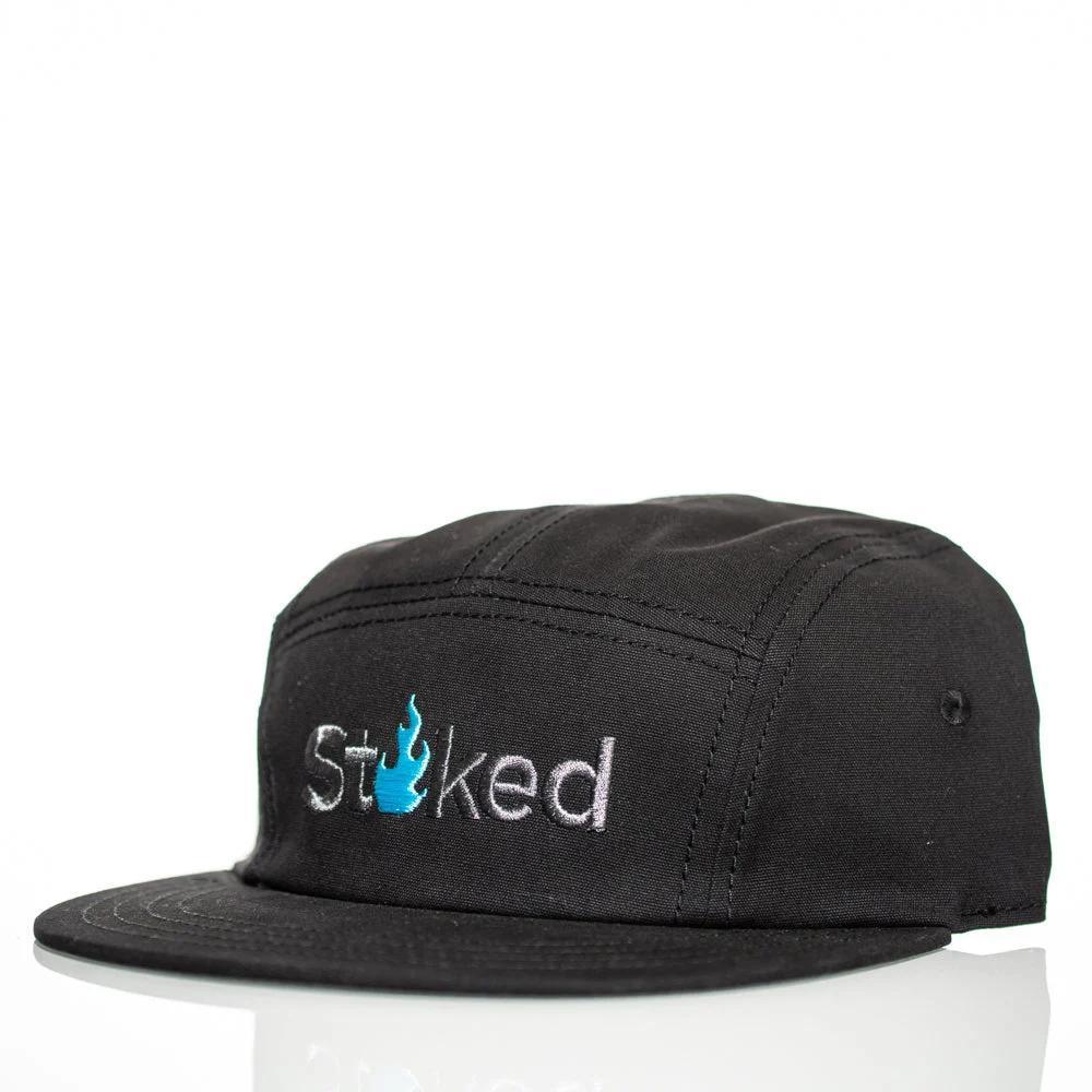 Black Stoked 5-panel cap with blue flame logo, heady glass shop merchandise