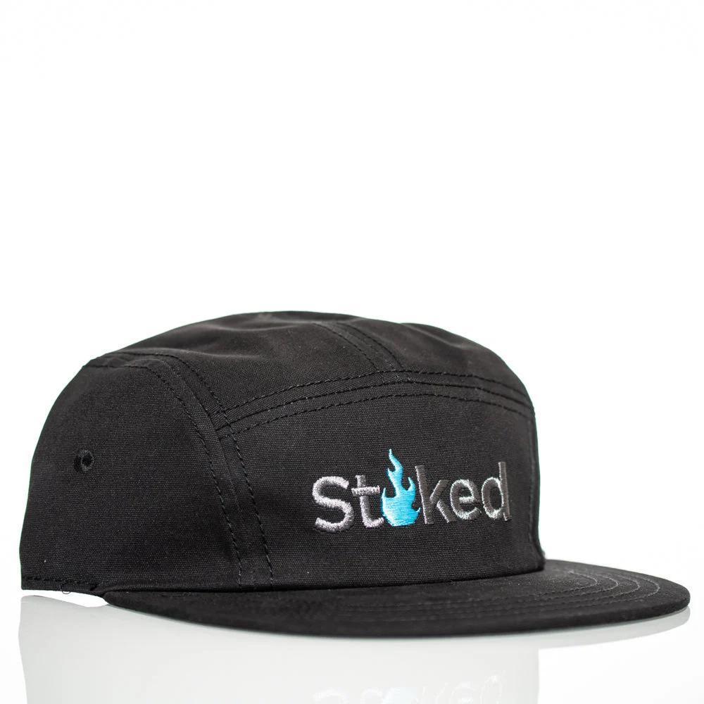 Black Stoked 5-panel cap with blue flame logo, ideal for smoke shop merch and heady glass enthusiasts.