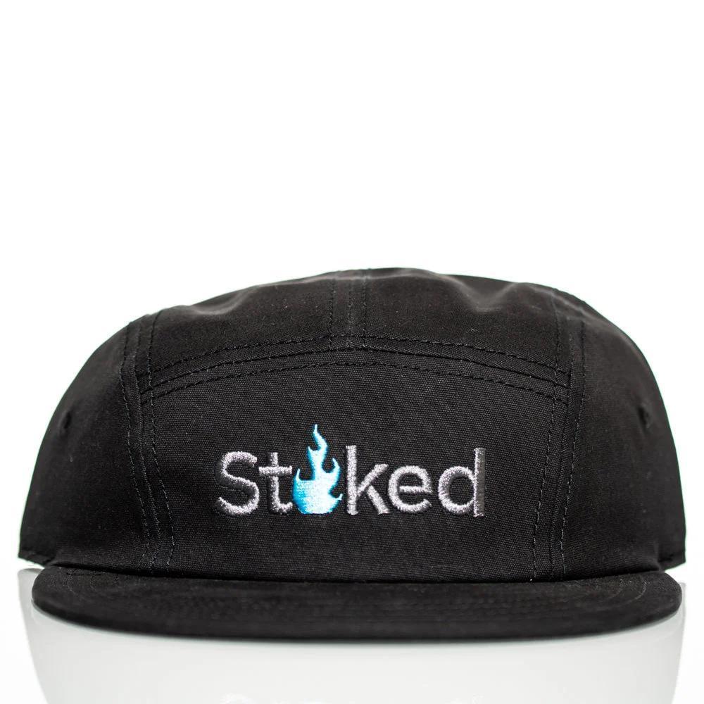 Black Stoked 5-panel cap with blue flame logo, embroidered front design