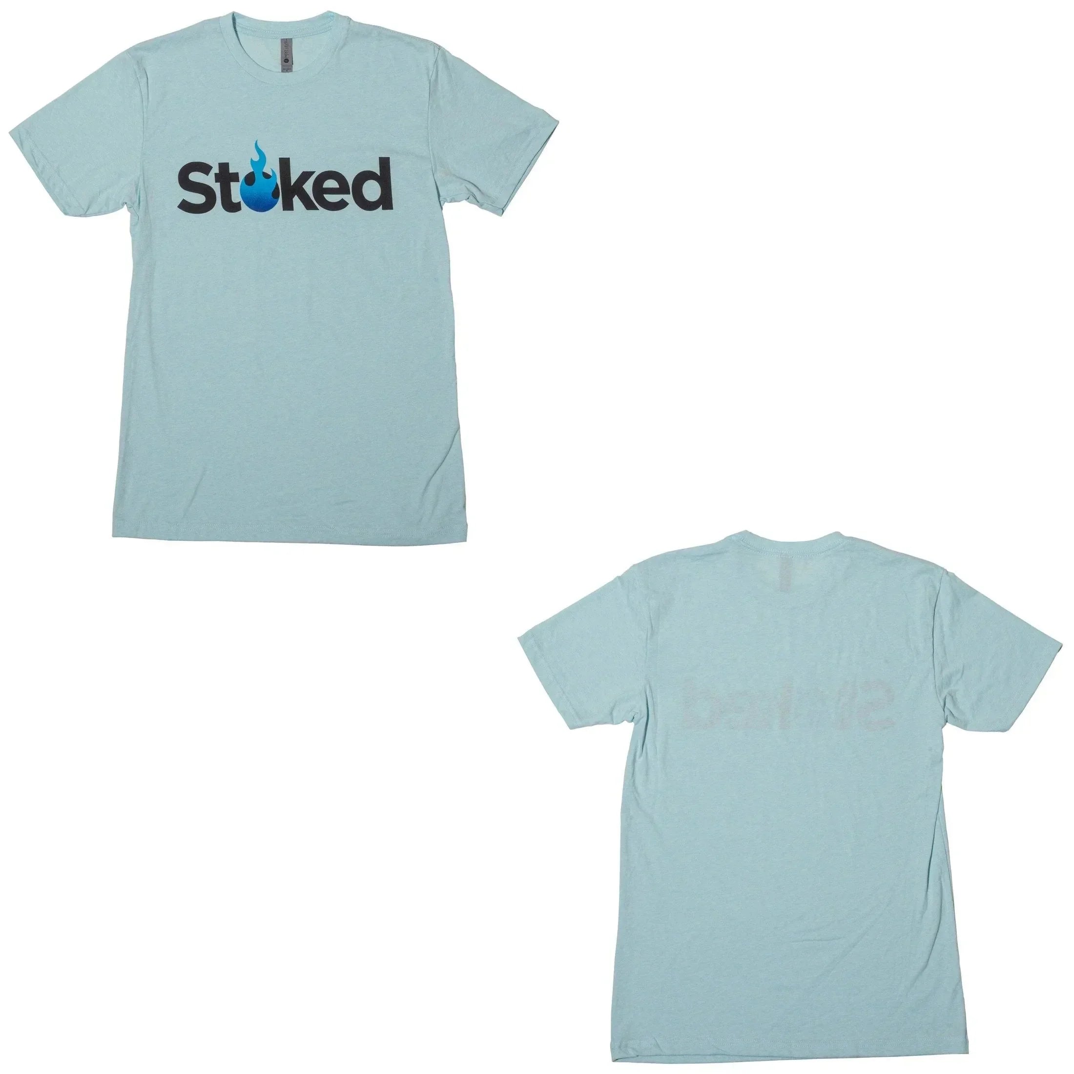 Light blue Stoked t-shirt with flame logo front and back view