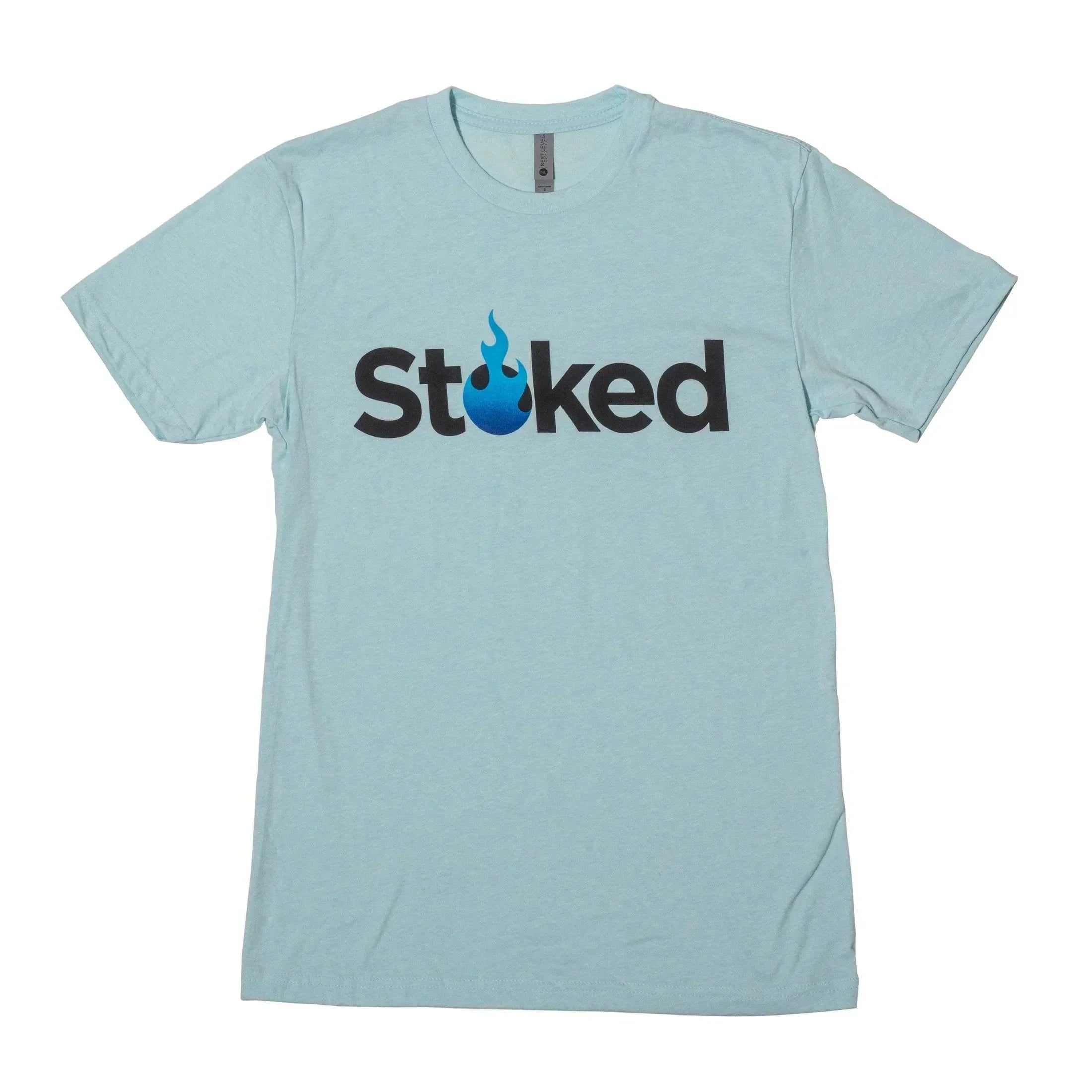 Light blue Stoked t-shirt with black text and blue flame logo, perfect for glass shop fans