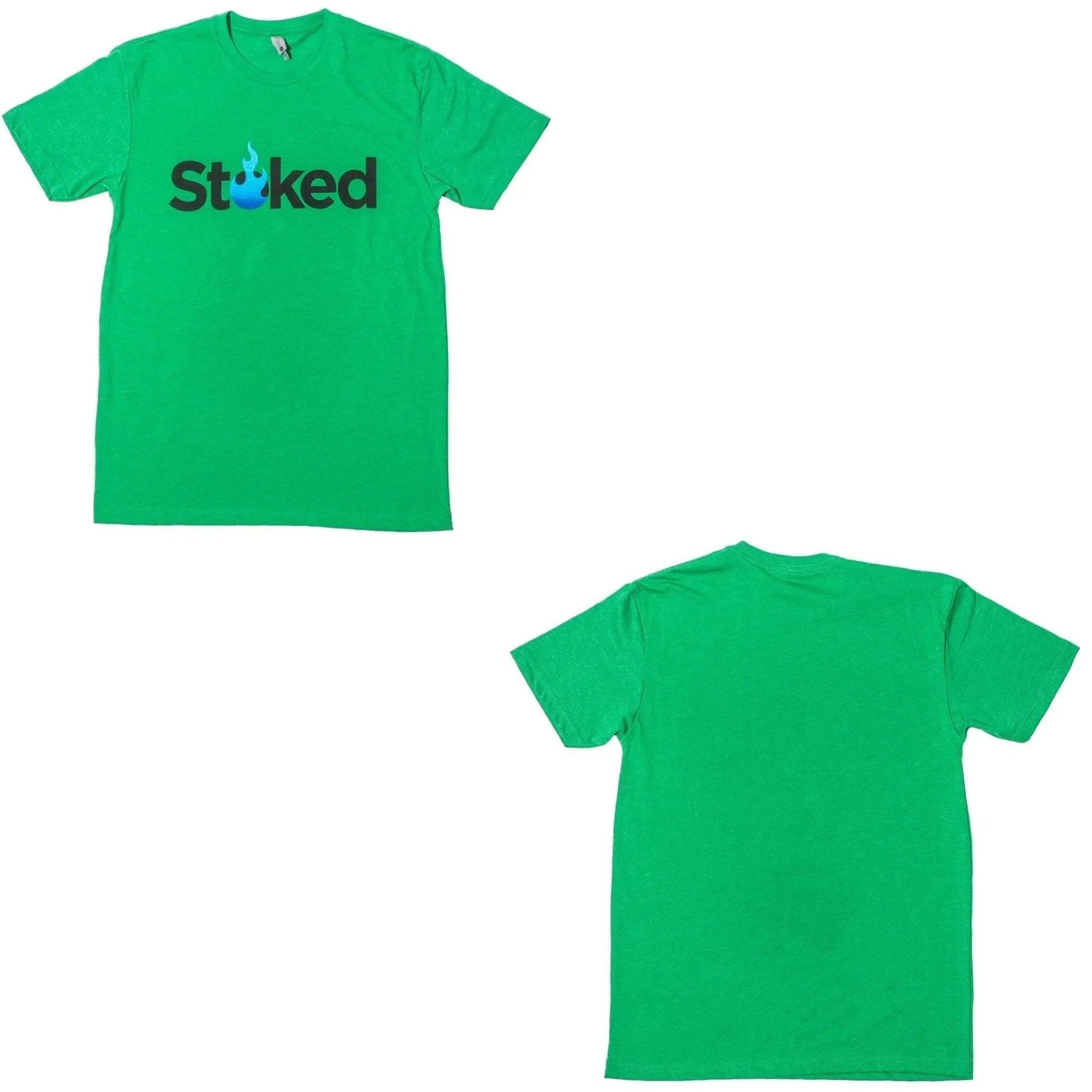 Green Stoked t-shirt with blue flame logo, front and back view