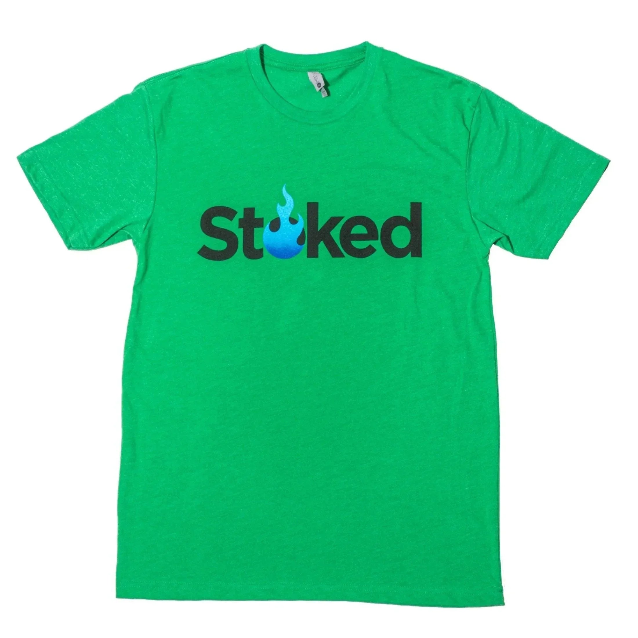 Green Stoked t-shirt with blue flame logo, featuring glass pipe design on chest