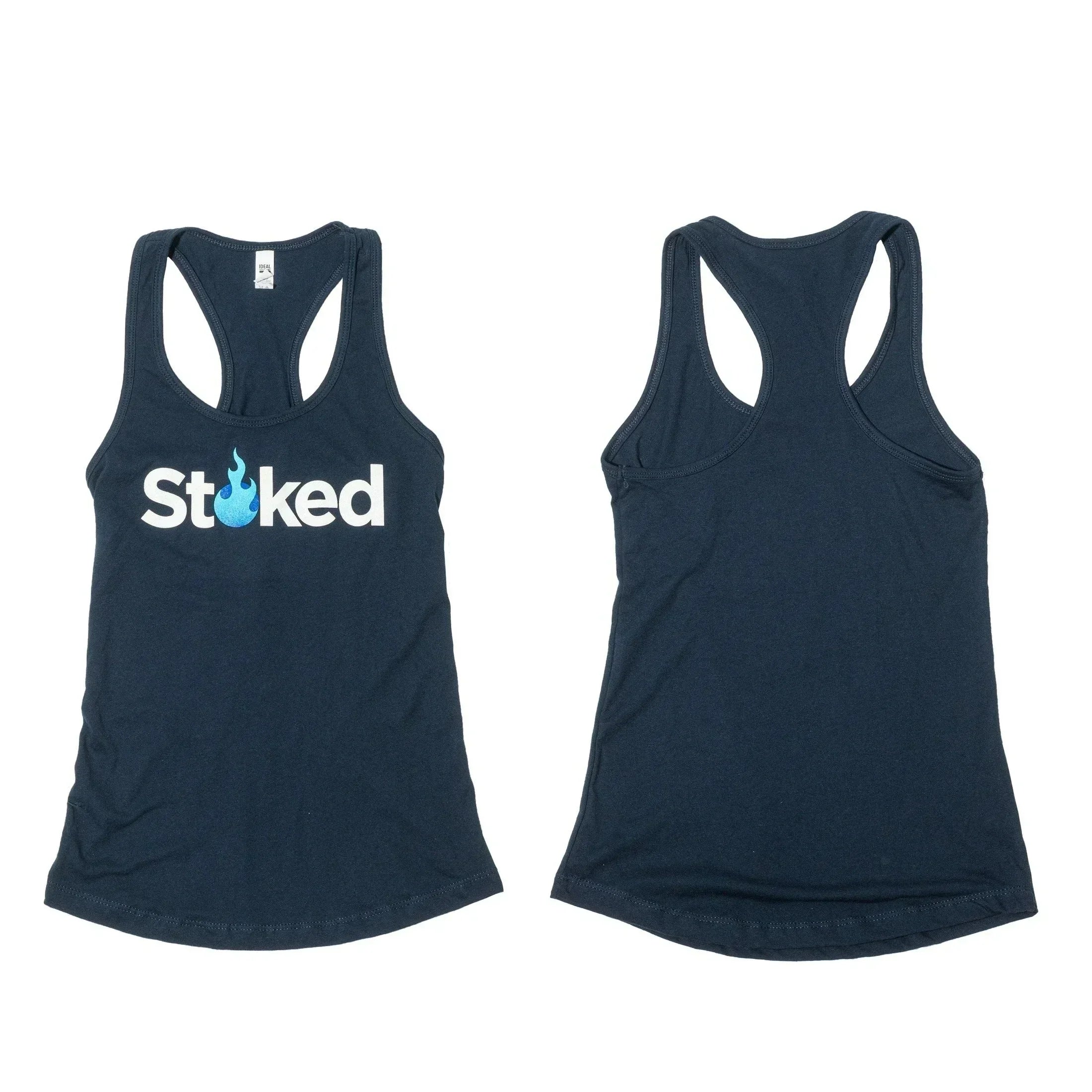 Navy blue racerback tank top with 'Stoked' logo and blue flame graphic, front and back view