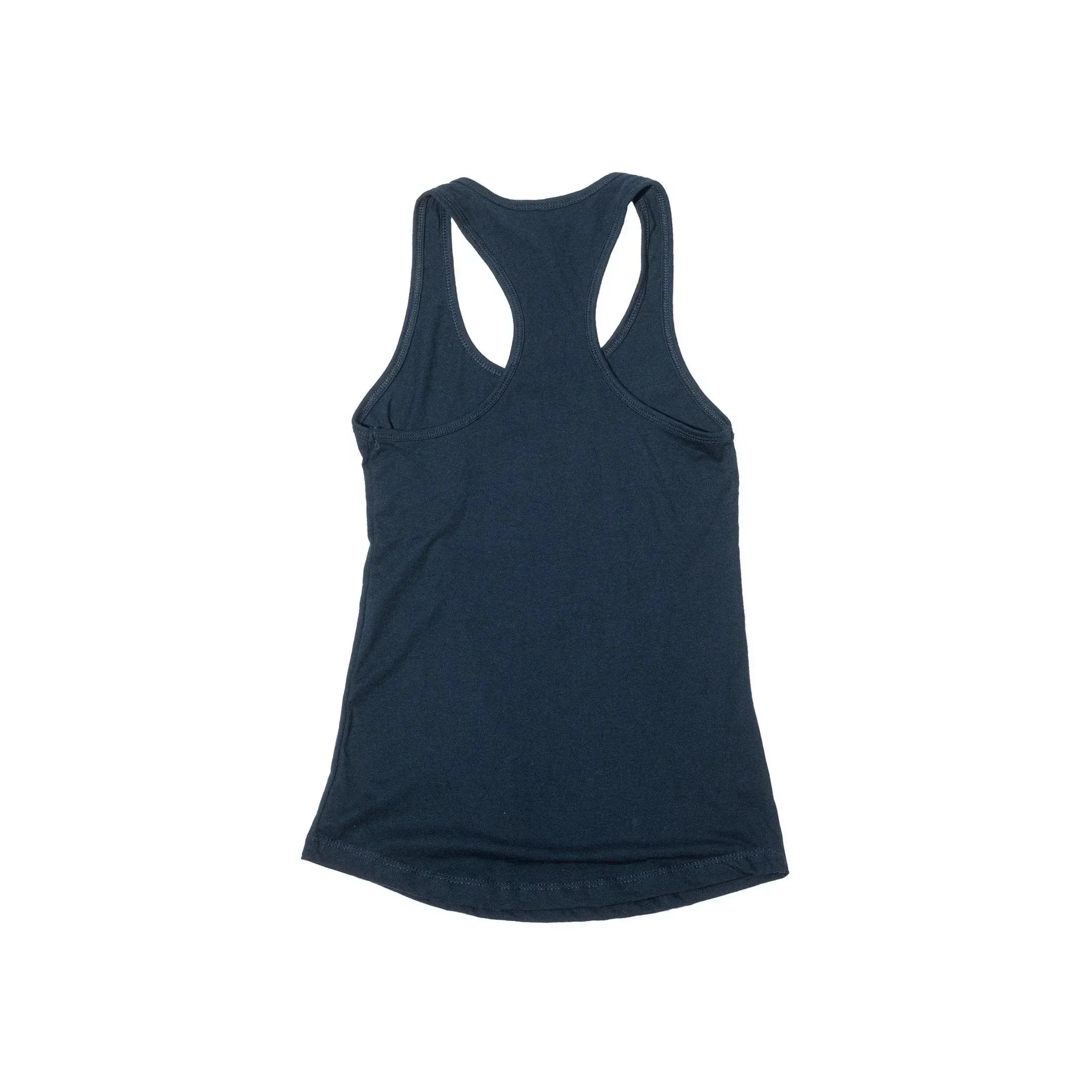 Dark navy racerback tank top, soft cotton blend, casual wear, back view