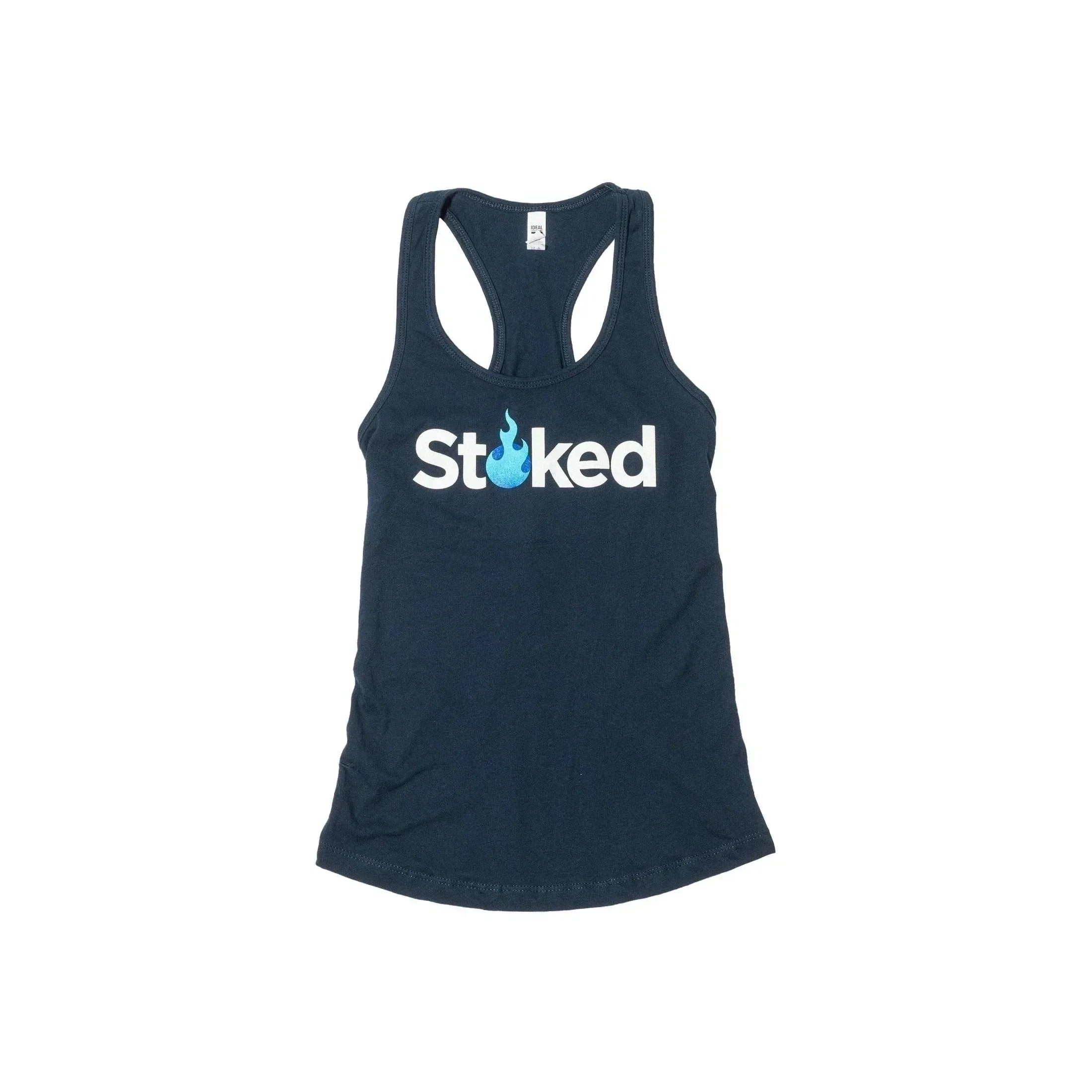 Dark blue racerback tank top with 'Stoked' logo and blue flame design, ideal for smoke shop apparel.