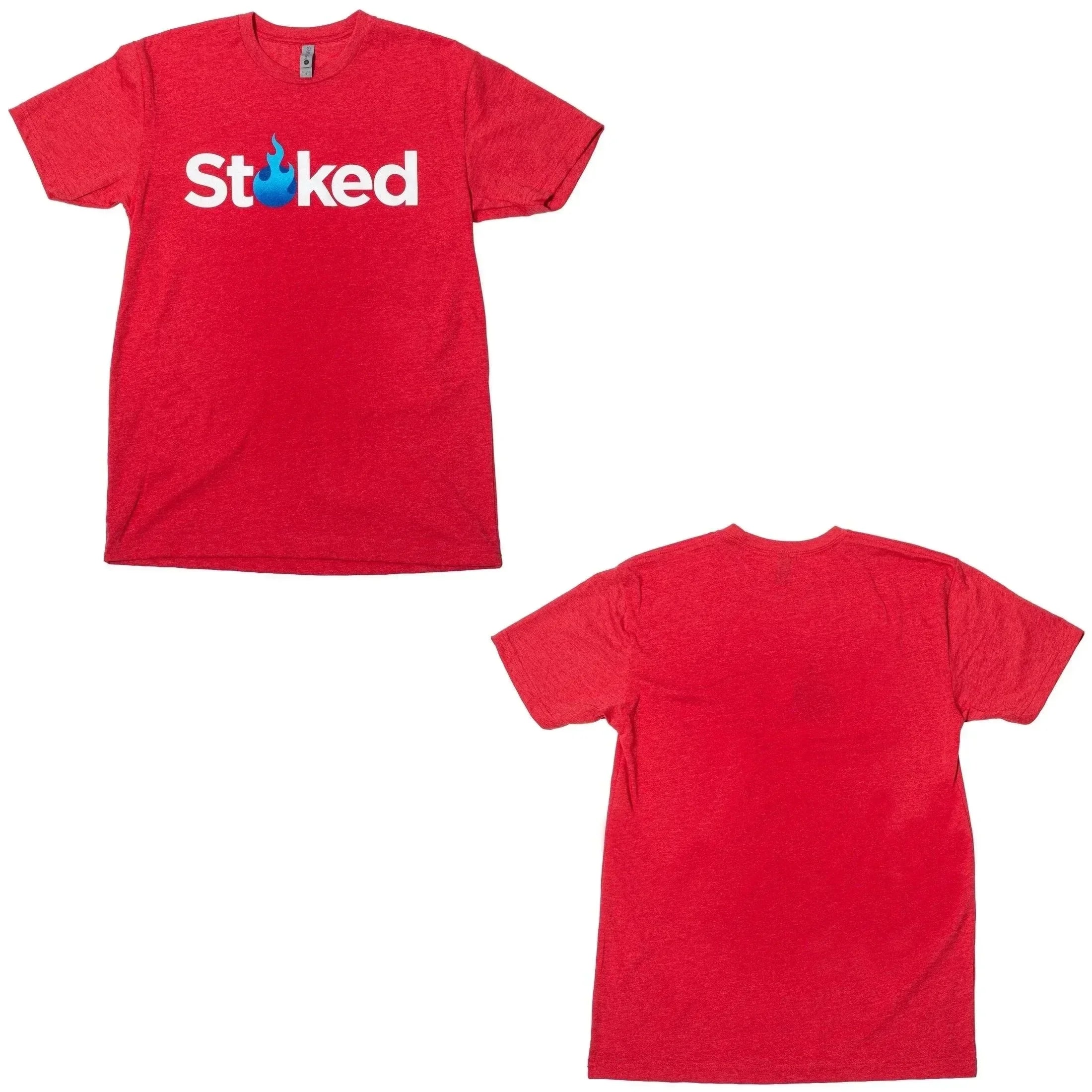 Red Stoked t-shirt with blue flame logo, front and back view