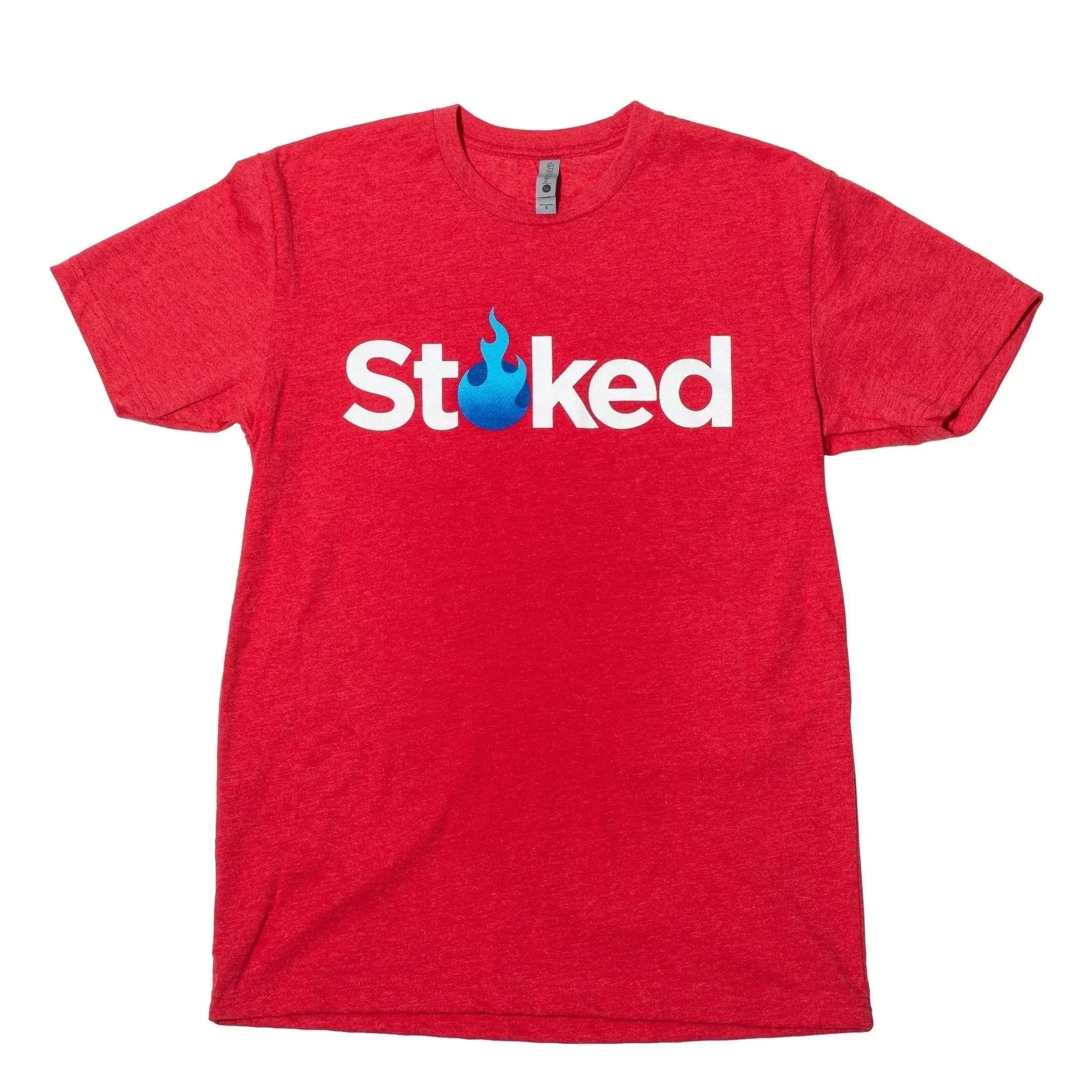 Red Stoked t-shirt with blue flame logo, featuring bold white text and heathered fabric.
