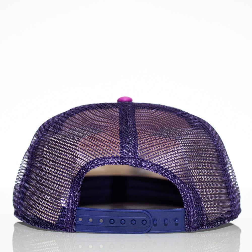 Purple mesh trucker hat with adjustable strap, back view