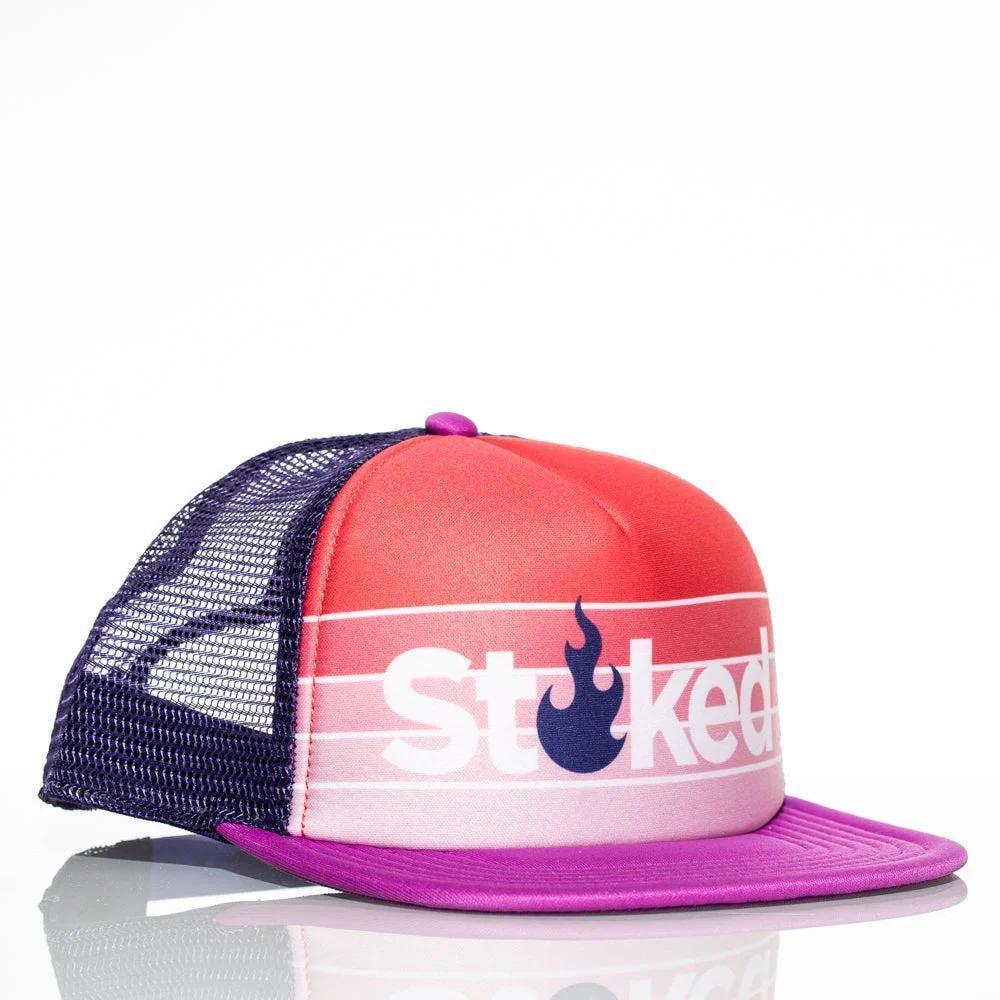 Stoked flame logo trucker hat with pink and purple gradient, mesh back, and flat brim