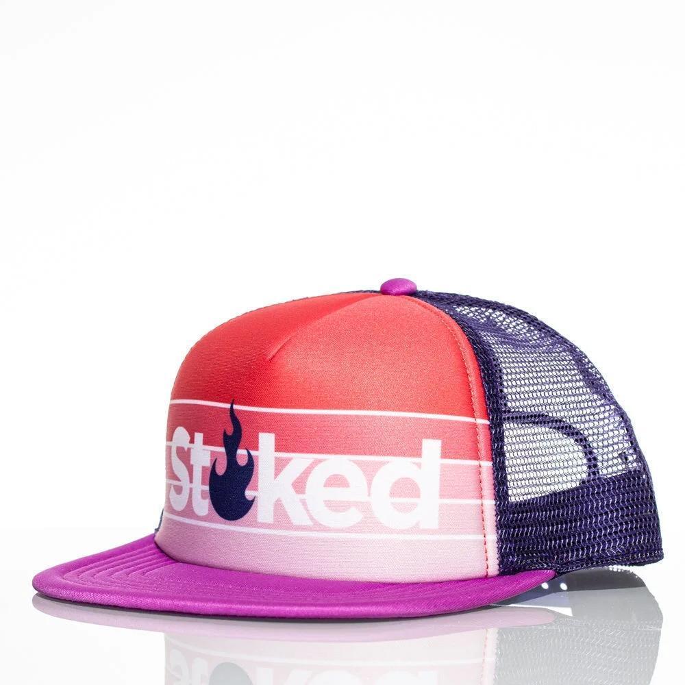 Stoked flame logo trucker hat with red-to-pink gradient, purple mesh back, and flat brim
