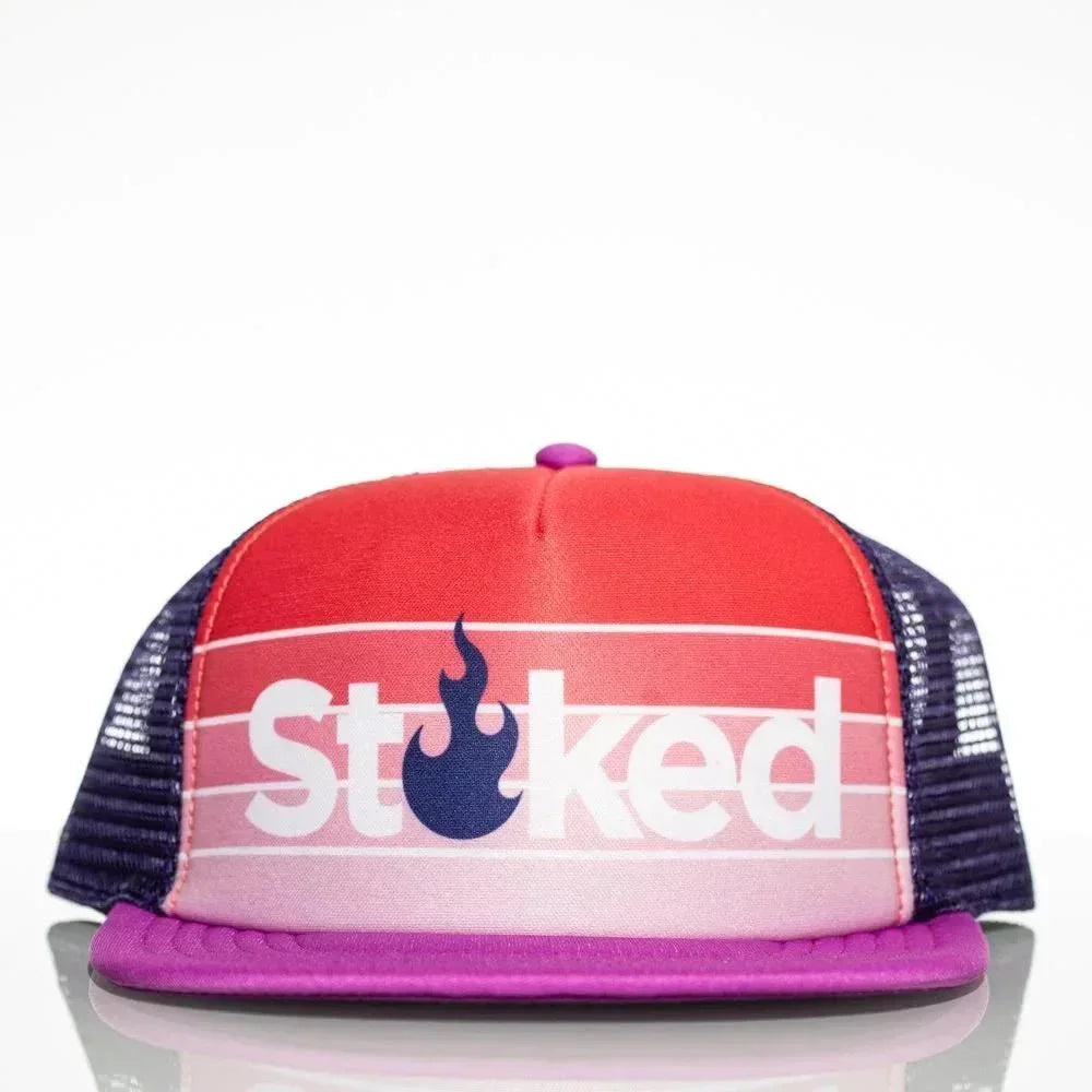 Stoked flame logo trucker hat with red-to-pink gradient and purple mesh back