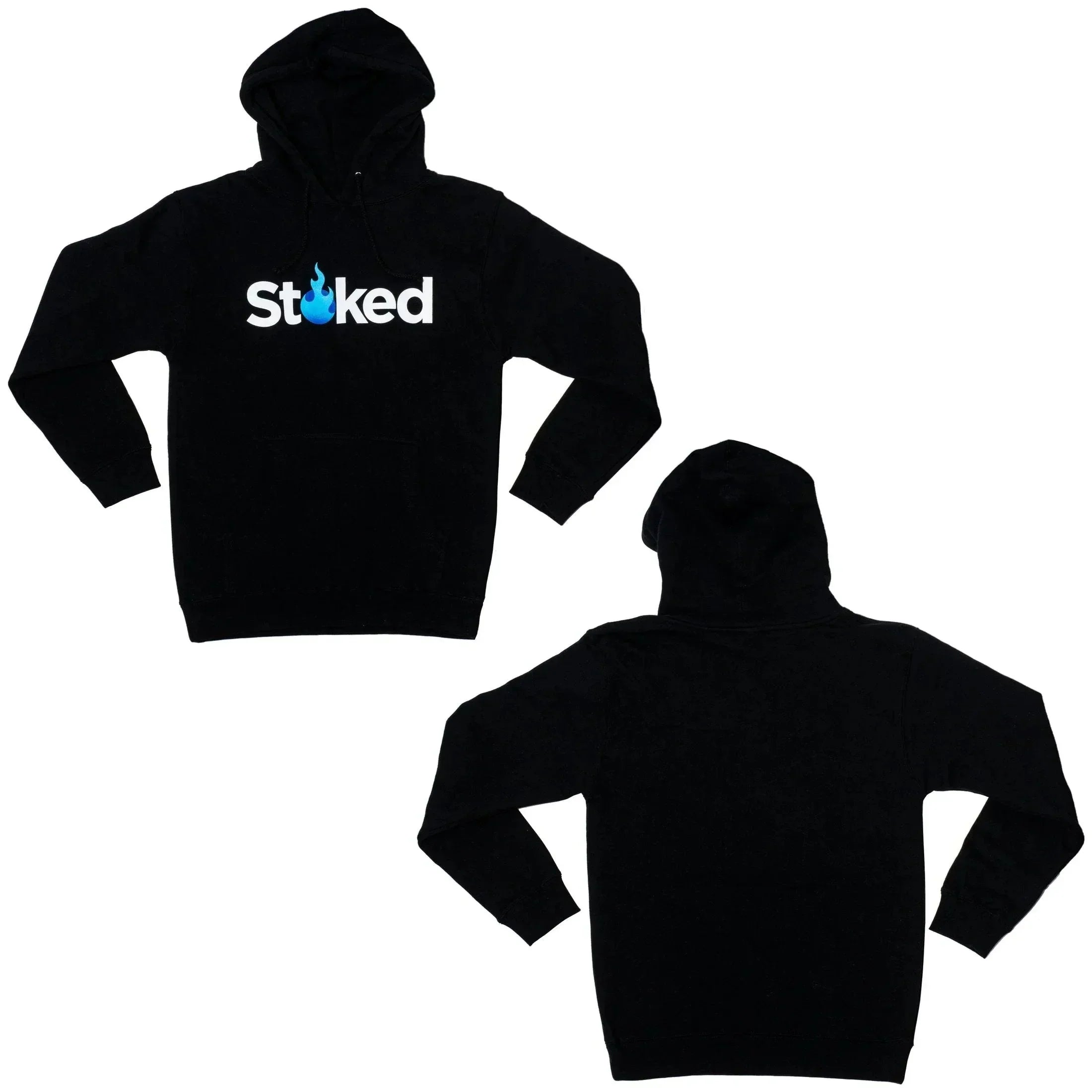 Black Stoked hoodie with blue flame logo, front and back view