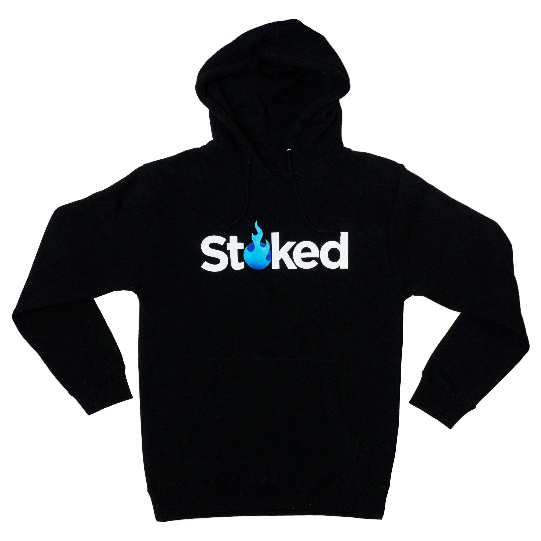 Black hoodie with 'Stoked' logo and blue flame design, perfect for smoke shop apparel