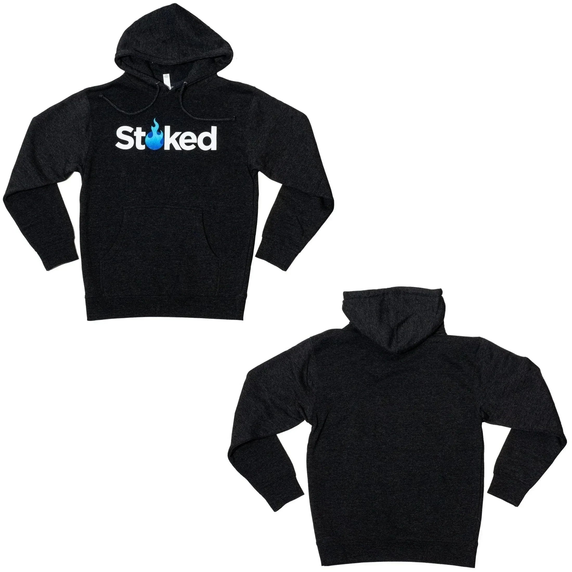Black Stoked hoodie with blue flame logo, front and back view