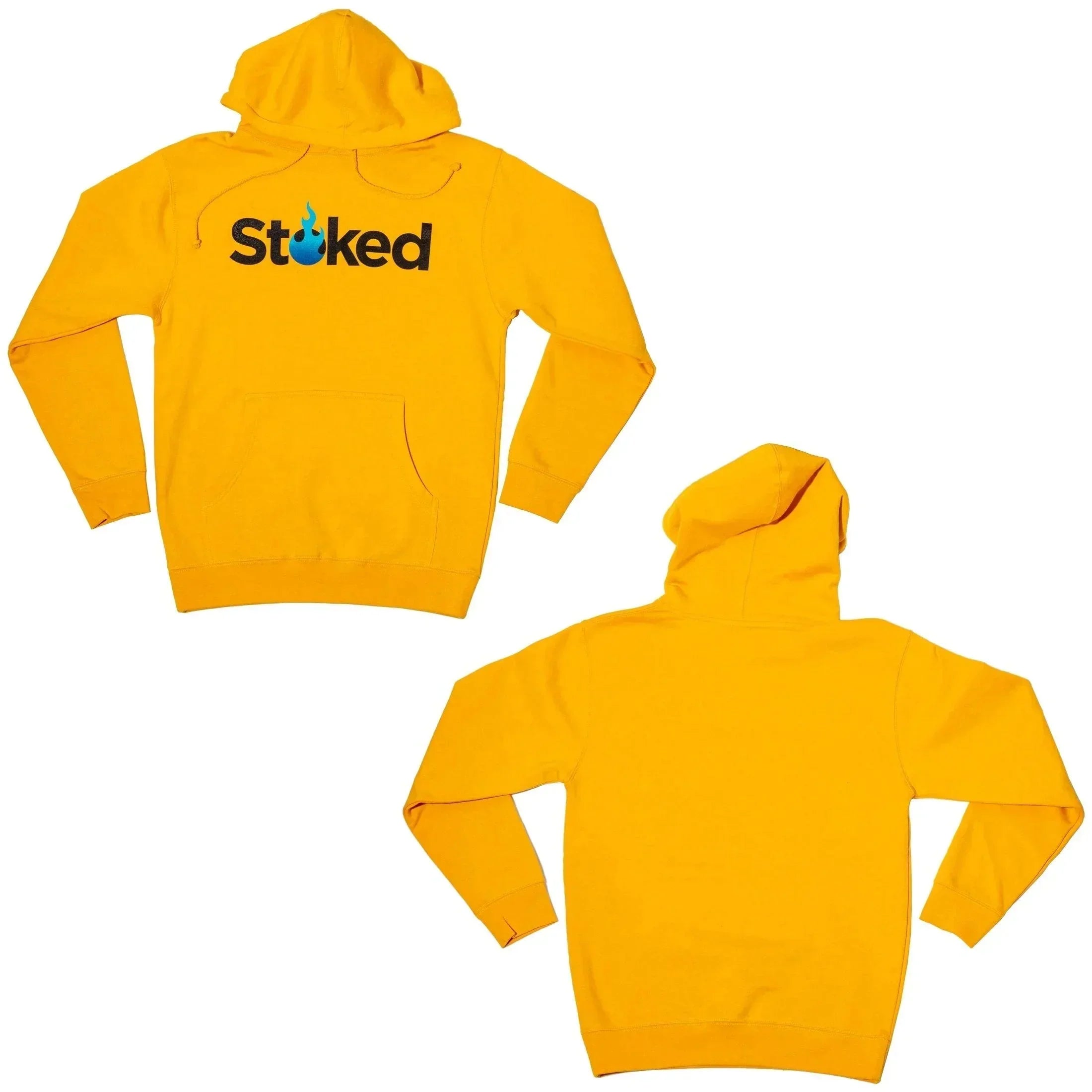 Yellow Stoked hoodie with flame logo, front and back view