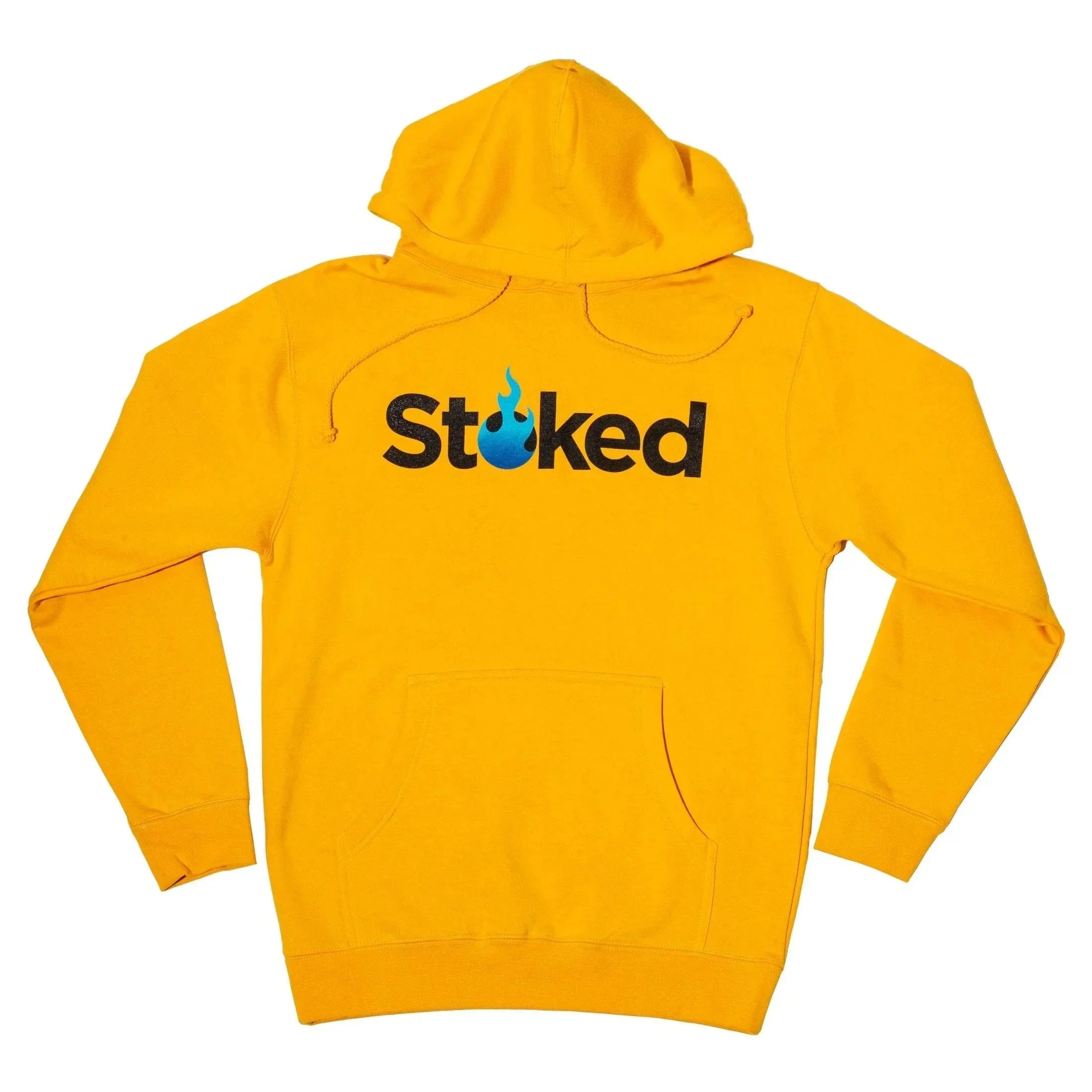 Yellow hoodie with 'Stoked' logo and blue flame design, featuring front pocket and drawstring hood.