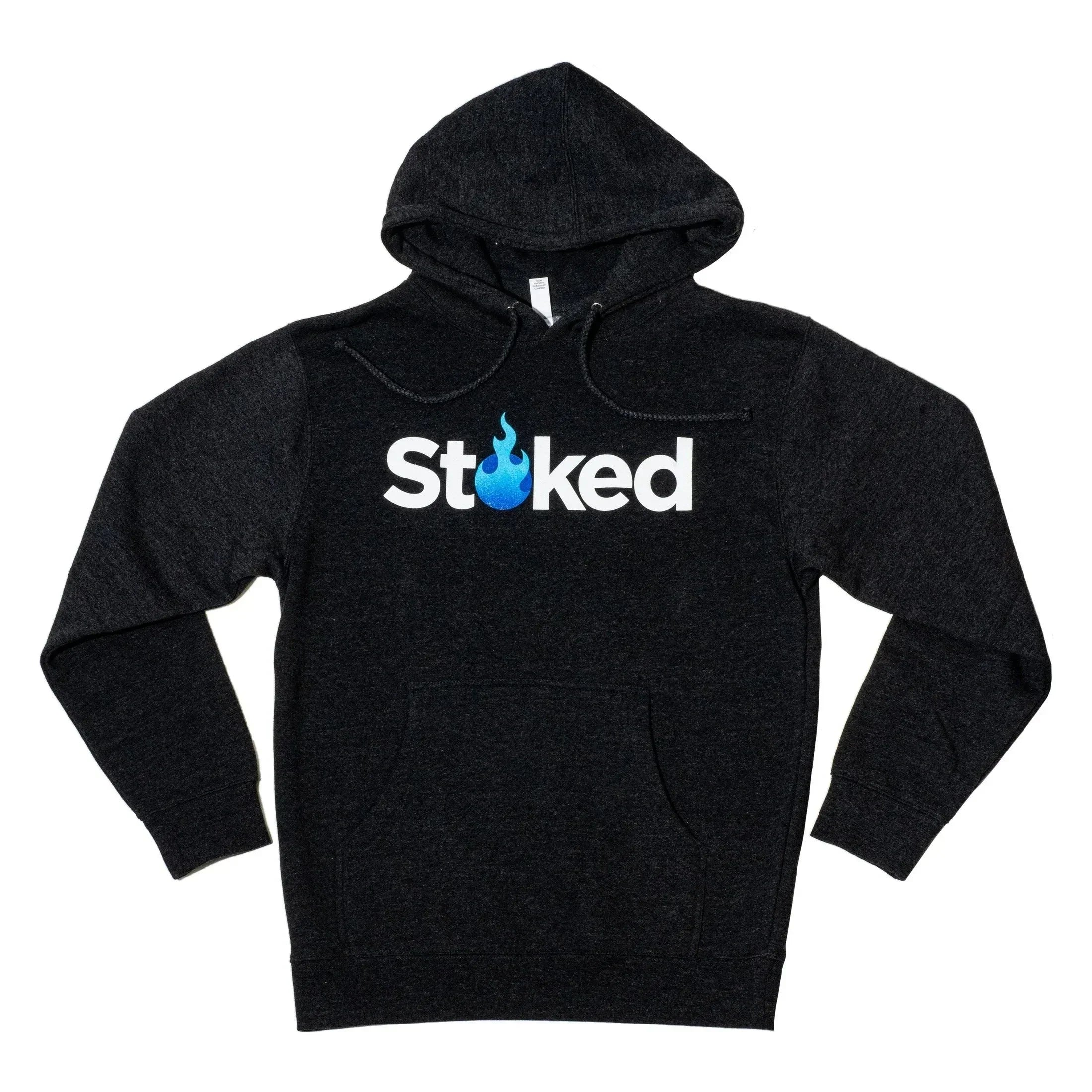 Black hoodie with 'Stoked' logo and blue flame design, ideal for glass shop fans and heady glass enthusiasts.