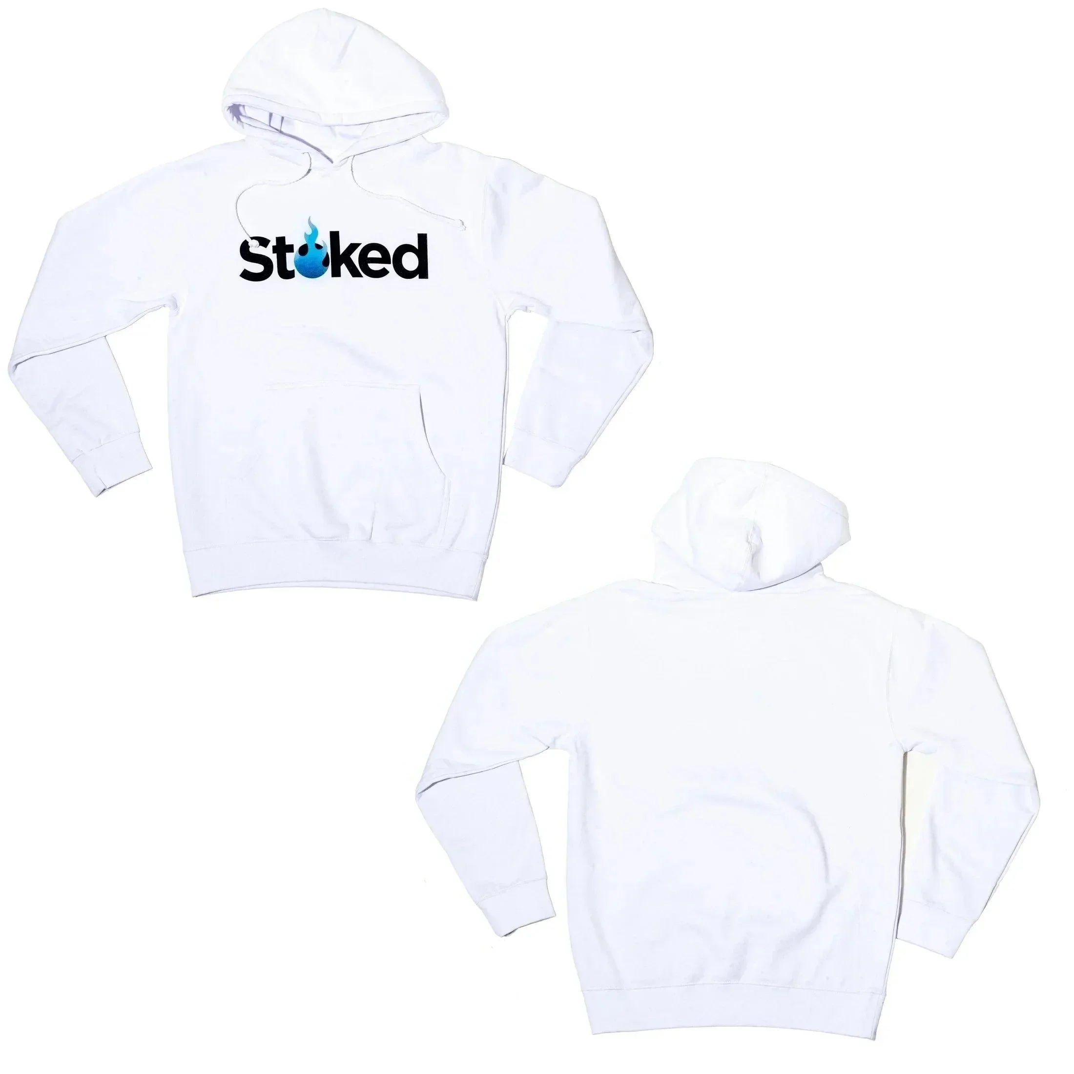 White Stoked hoodie with blue flame logo, front and back view