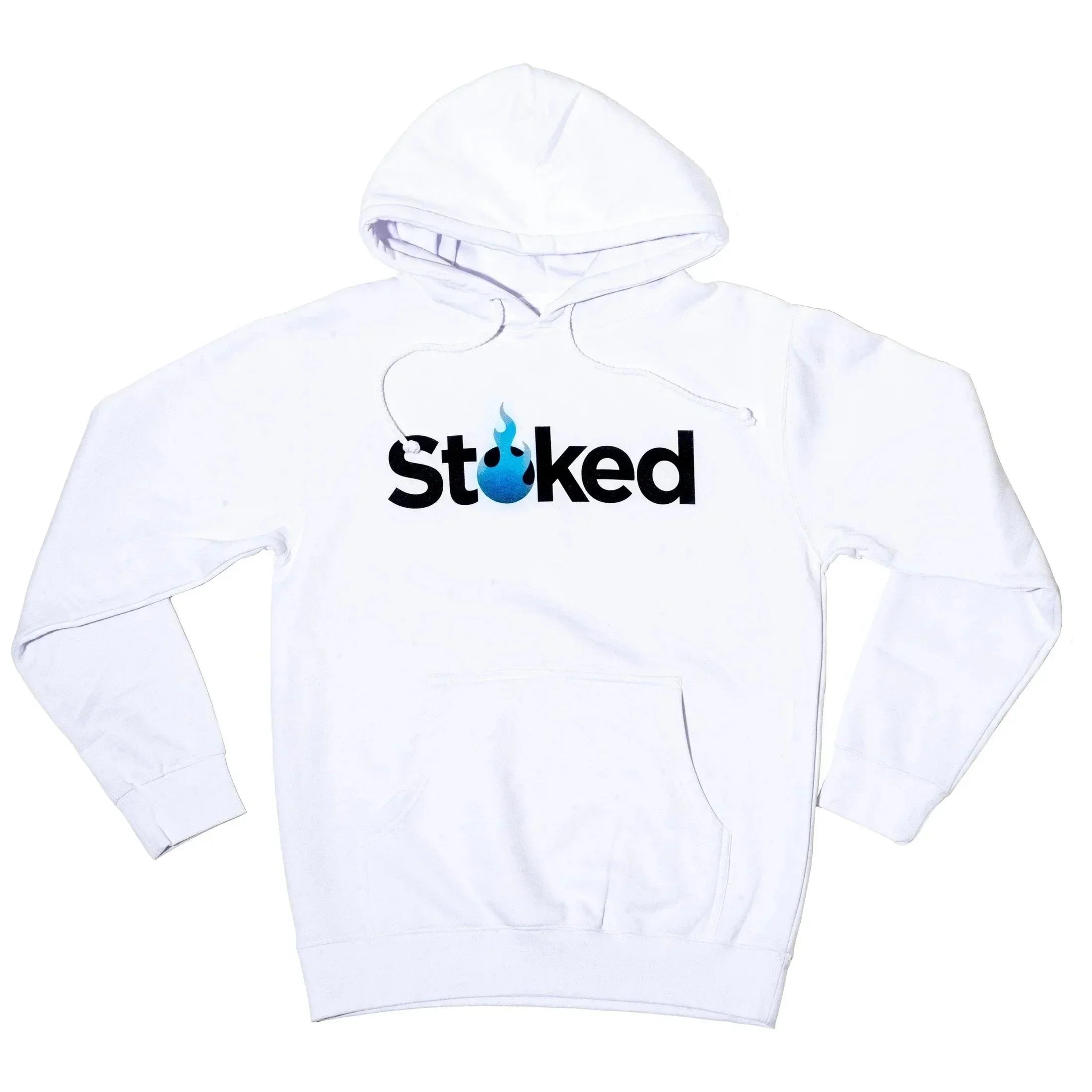 White hoodie with 'Stoked' logo and blue flame design, perfect for glass shop fans and vaporizer enthusiasts.