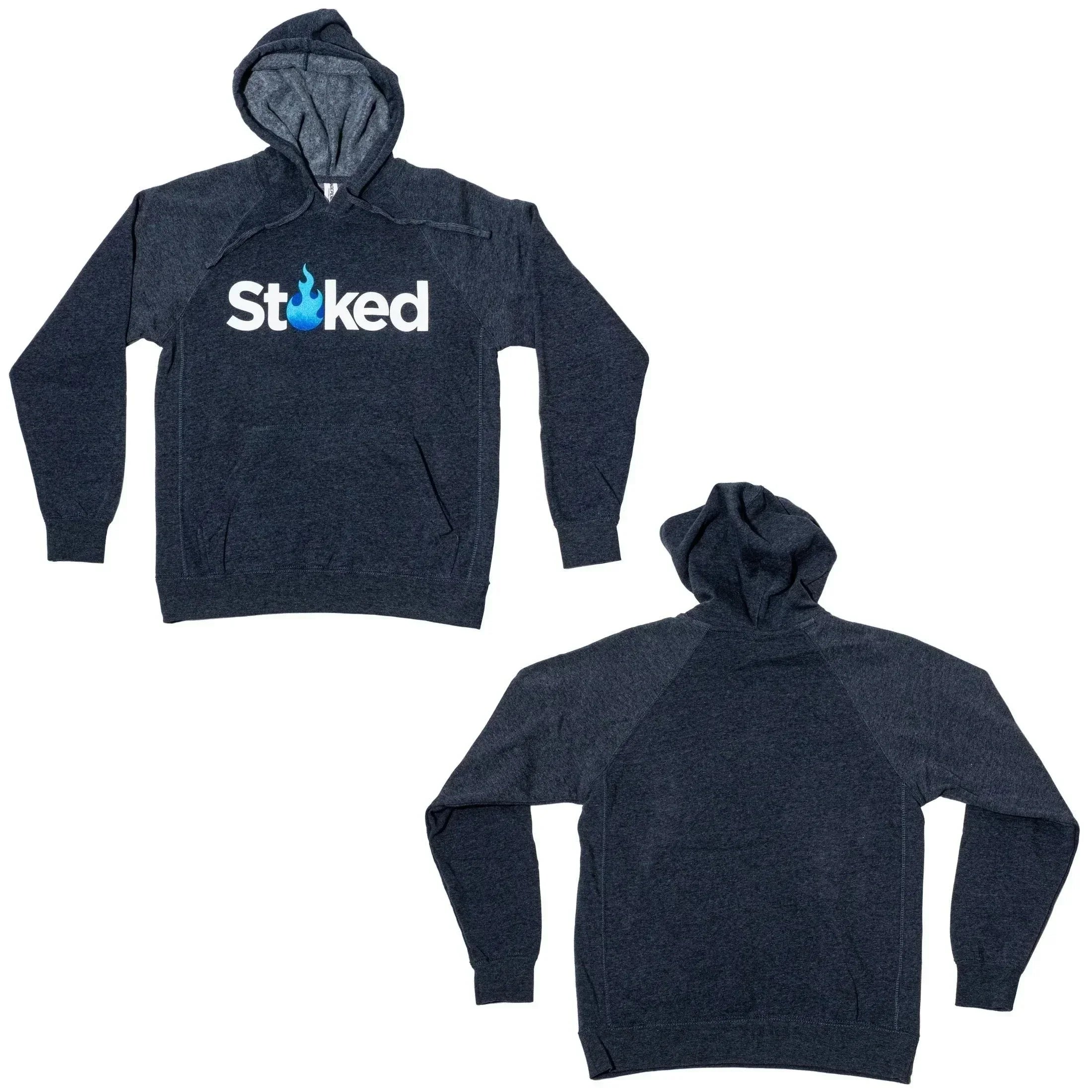 Dark gray Stoked hoodie with blue flame logo, front and back view