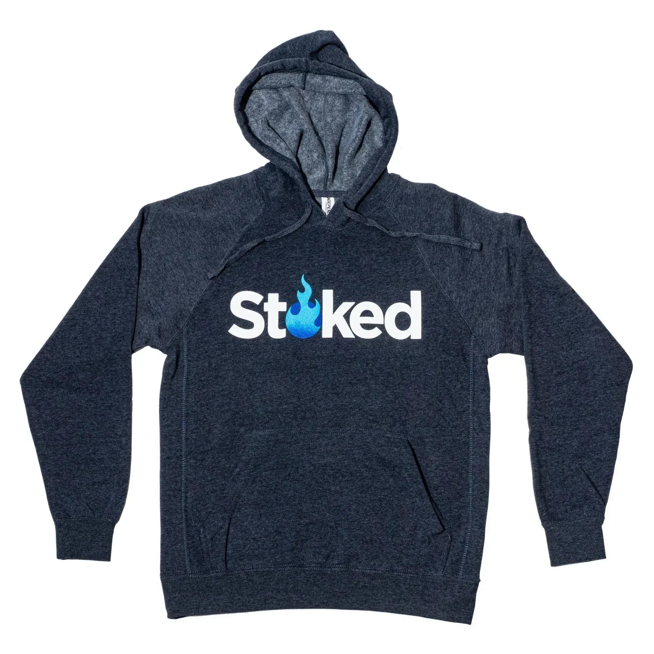 Dark gray hoodie with 'Stoked' logo and blue flame design, perfect for smoke shop fans.