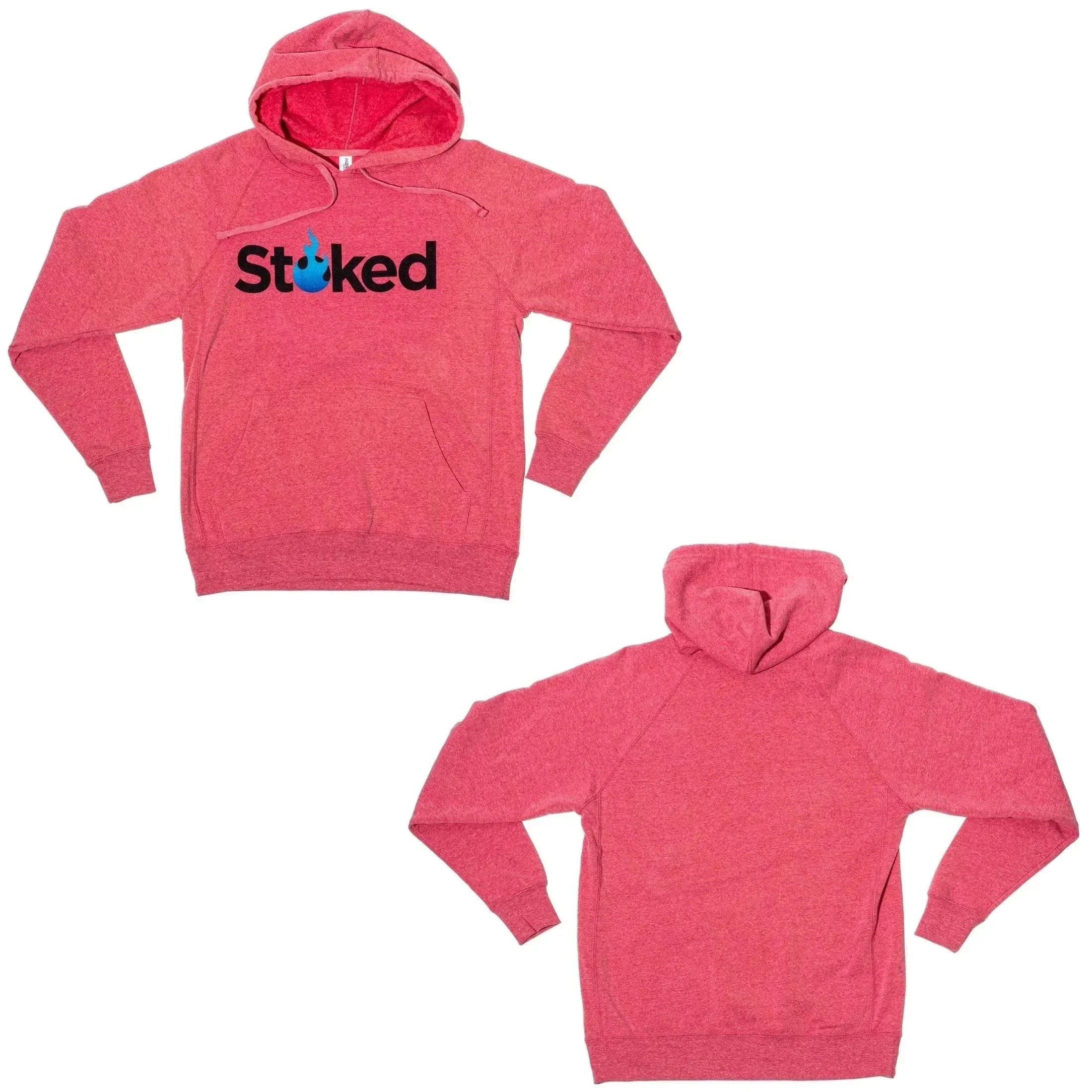 Pink Stoked hoodie with blue flame logo, front and back view