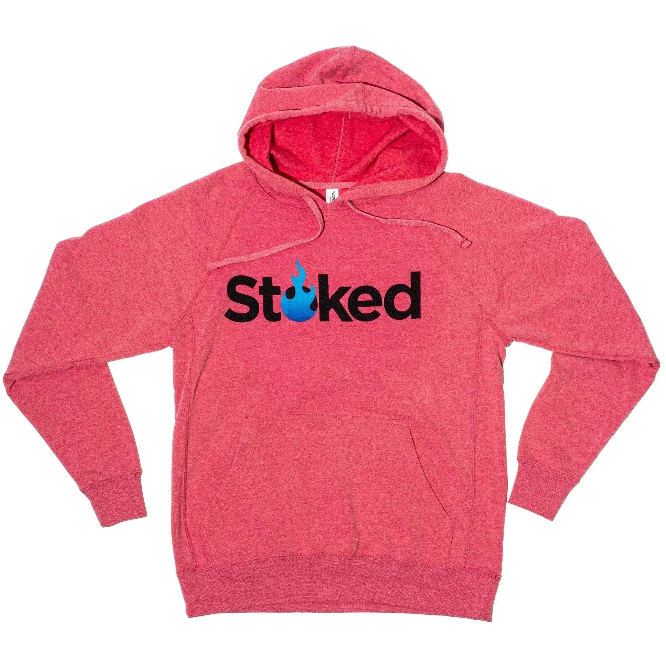 Pink hoodie with 'Stoked' logo and blue flame design, featuring front pocket and drawstring hood