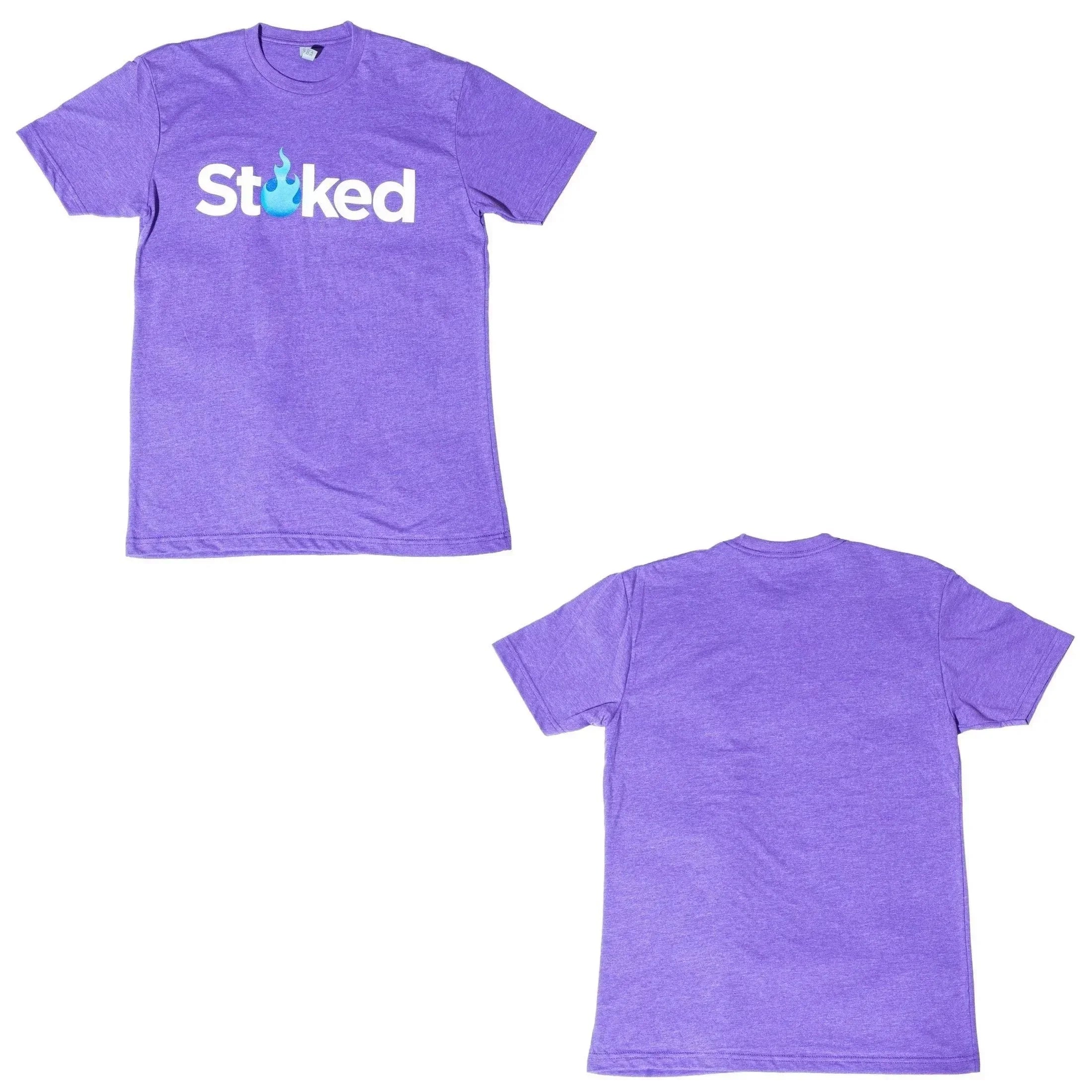 Purple graphic T-shirt with 'Stoked' text and blue flame design, front and back views