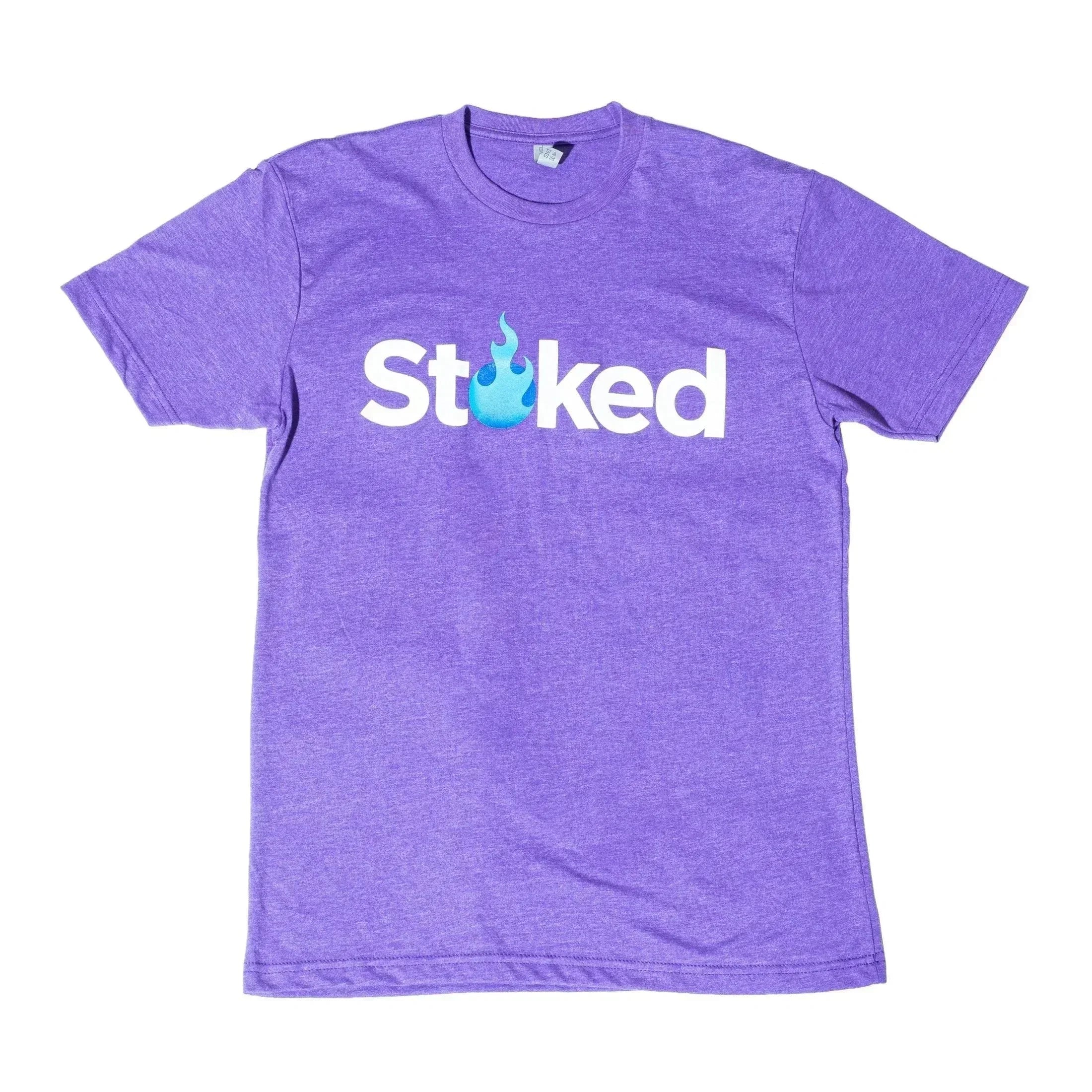 Purple t-shirt with 'Stoked' text and blue flame graphic on chest