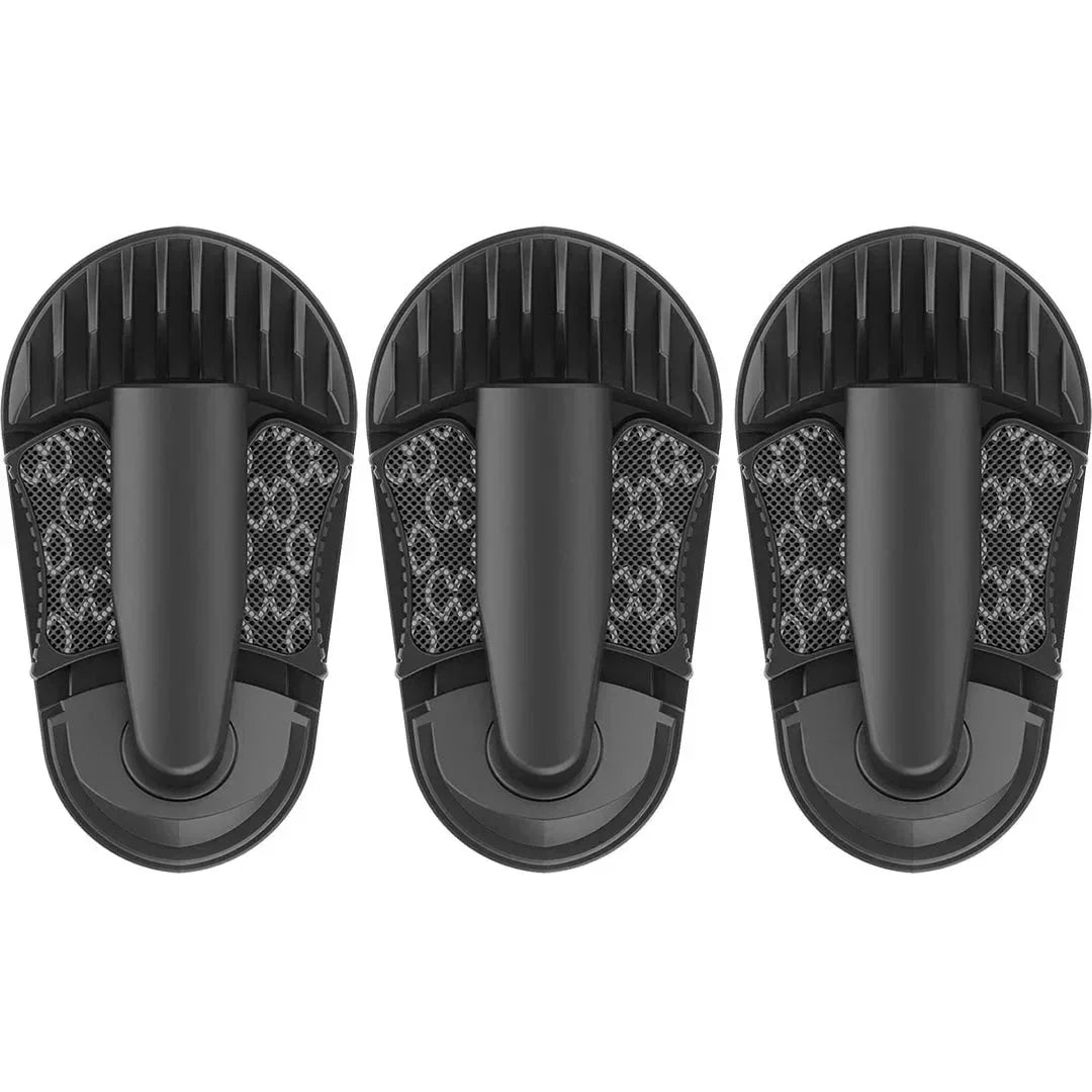 Set of three black vaporizer cooling units with mesh airflow screens, isolated on white background.