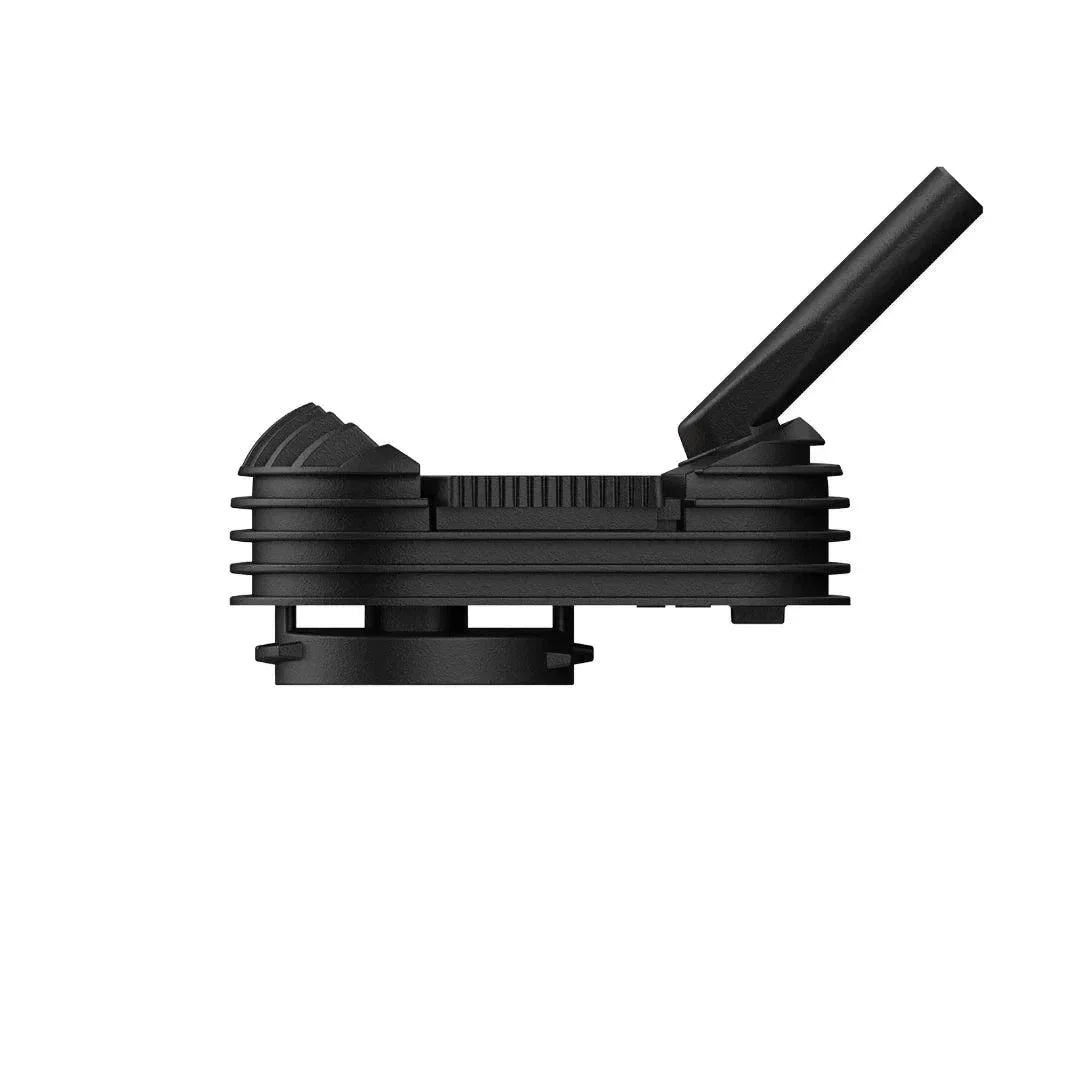 Black cooling unit with mouthpiece for portable vaporizer, side view on white background