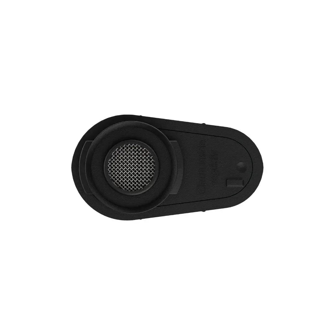 Black plastic vaporizer cooling unit with metal mesh filter on white background