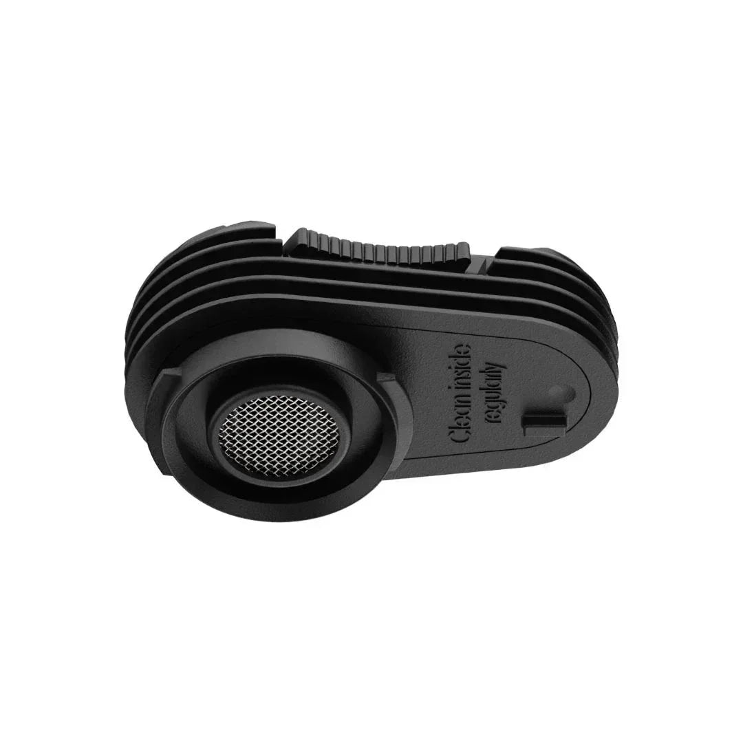 Black vaporizer cooling unit with metal screen and ribbed exterior on white background