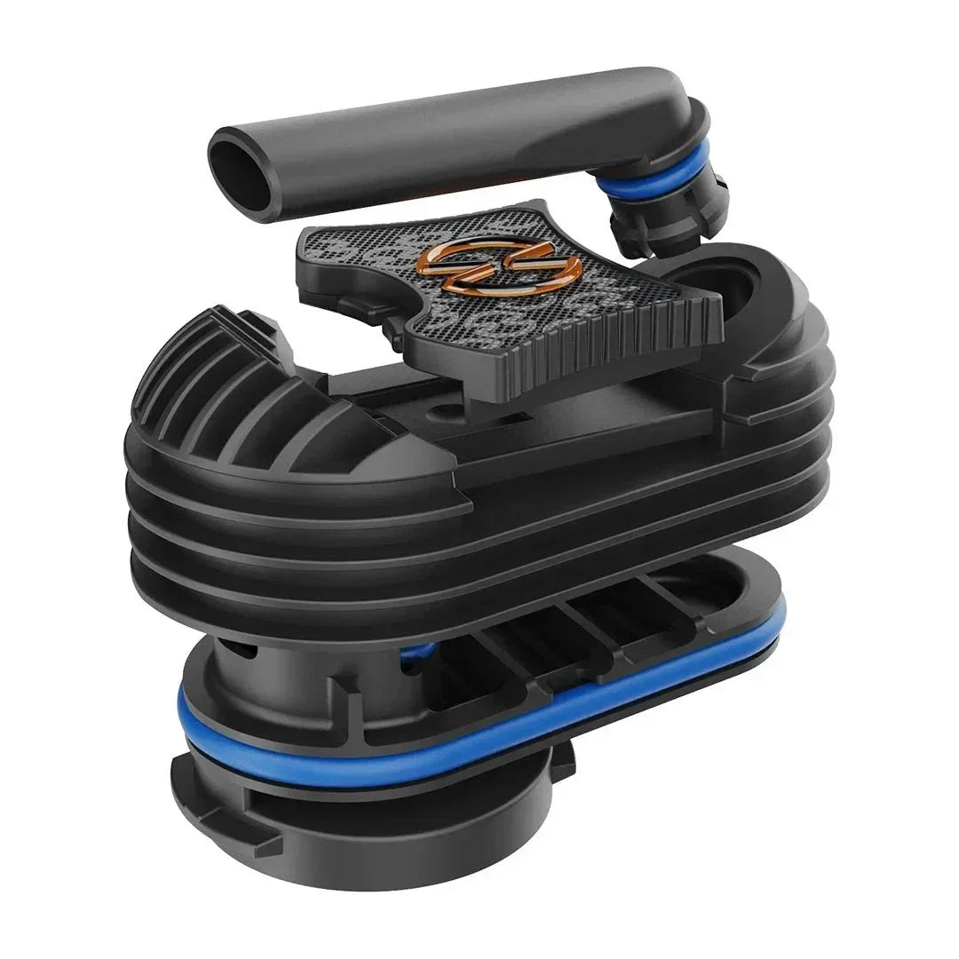 Black plastic vaporizer cooling unit with blue accents and orange detail, isolated on white