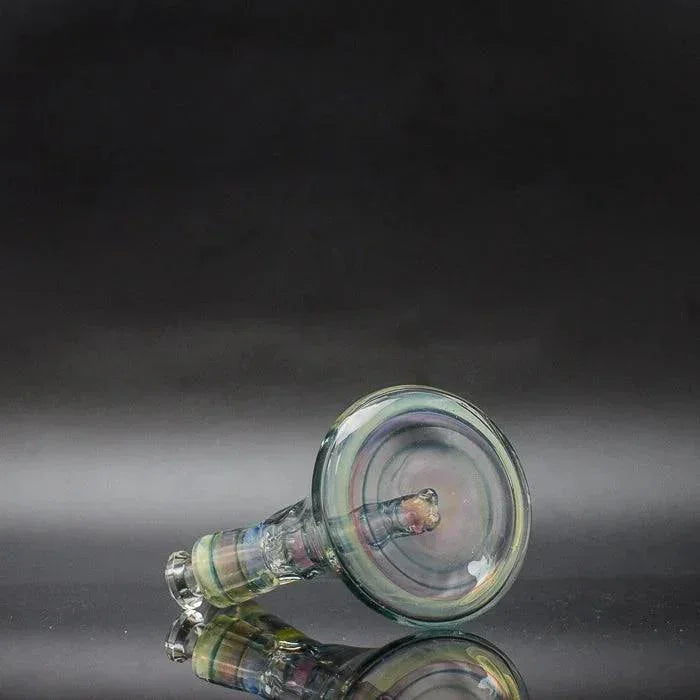 Removable glass downstem with bubble cap, iridescent finish on black background