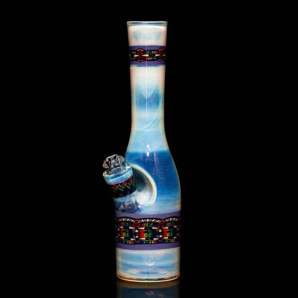 Handcrafted glass water pipe with blue and white swirls and colorful patterned bands