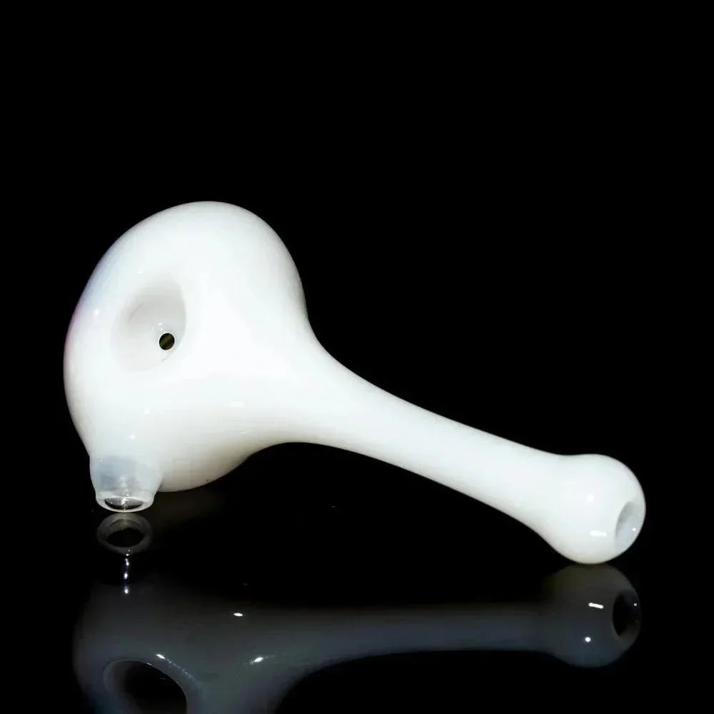 White glass hand pipe with a rounded bowl and long stem on black background