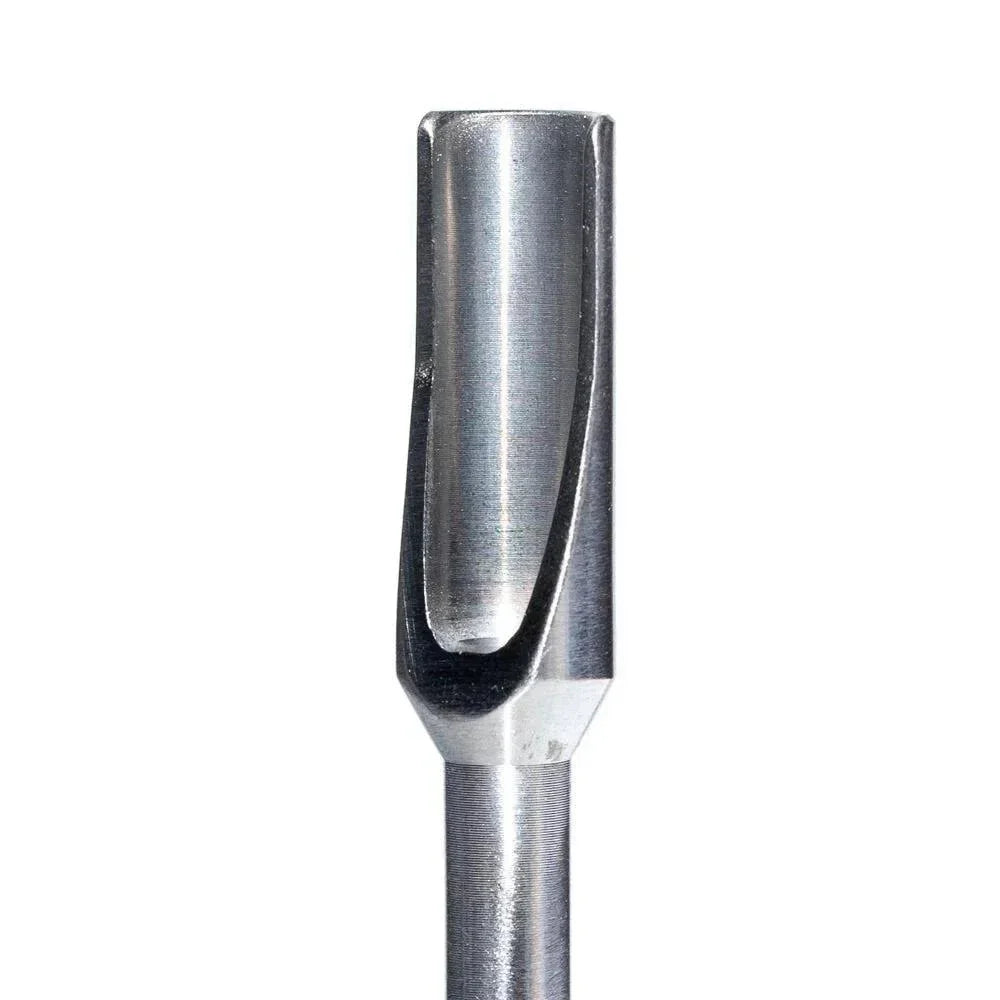 Close-up of a metal scoop dabber tool for concentrates against a white background.