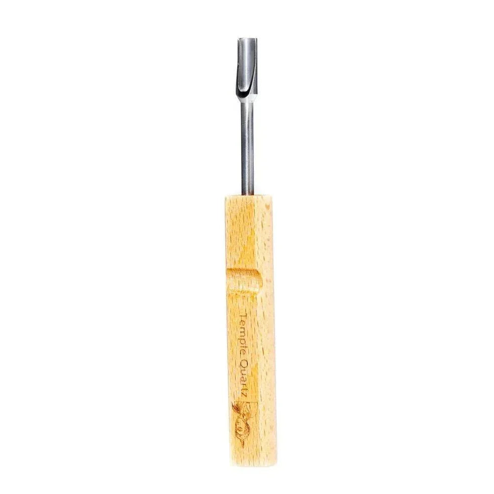 Quartz scoop dabber with a wooden handle on a white background