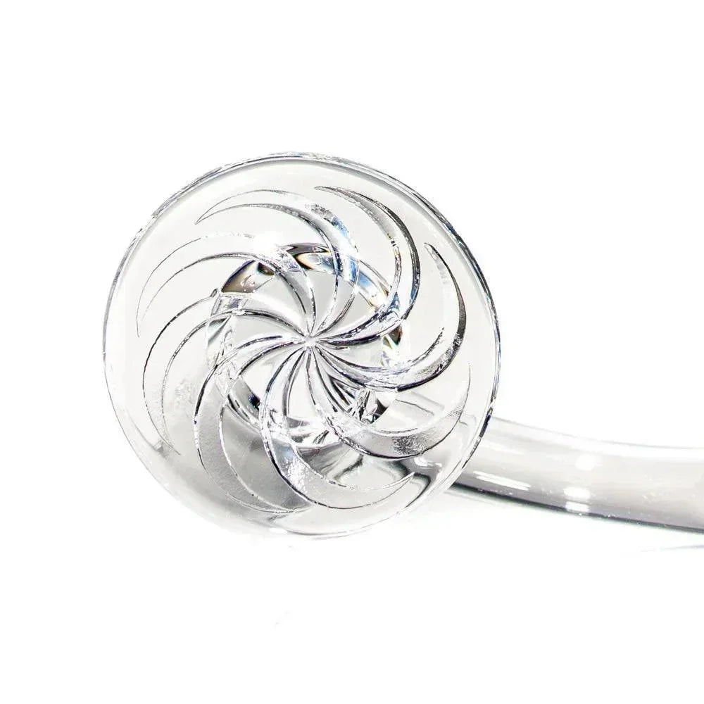 Clear quartz terp blender accessory with spiral design on white background