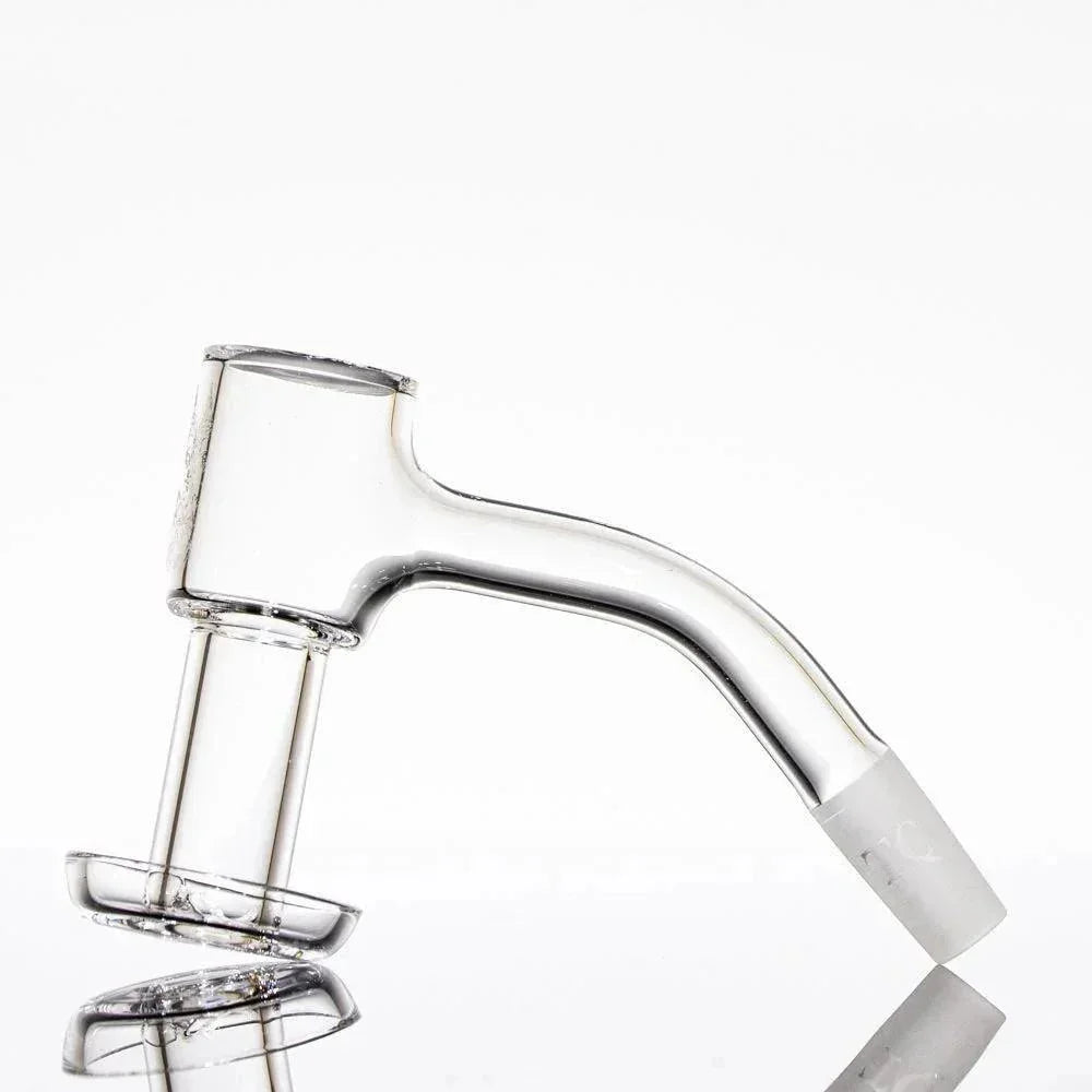 Clear quartz terp slurper banger with angled neck for dab rig, isolated on white background.