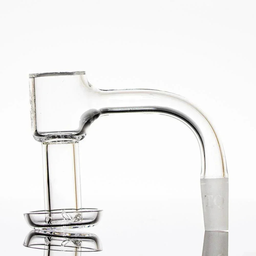 Clear quartz terp slurper banger with frosted joint for dab rigs, isolated on white background.