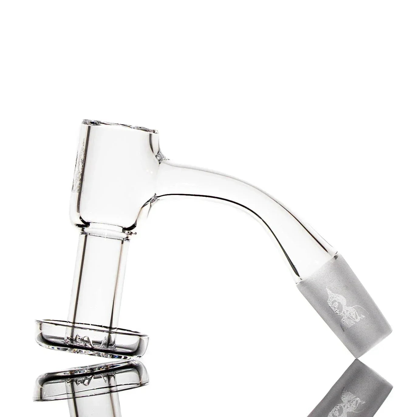 Clear quartz terp slurper banger, angled neck, etched joint, isolated on white background