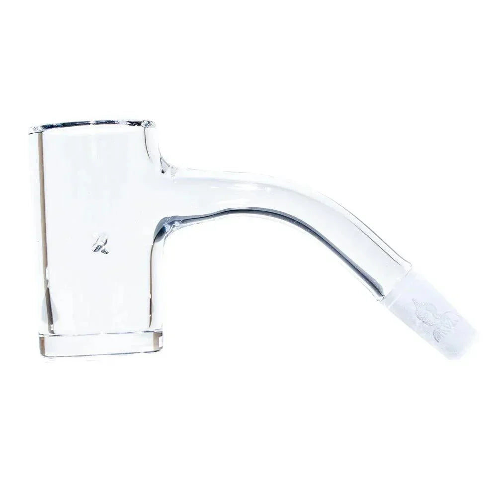 Clear quartz terp slurper banger with angled neck for concentrate rigs, isolated on white