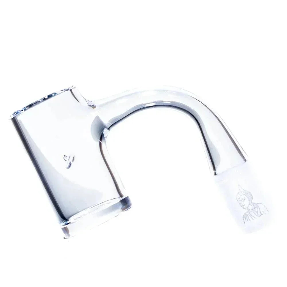 Clear quartz terp slurper banger with curved neck and etched Buddha design