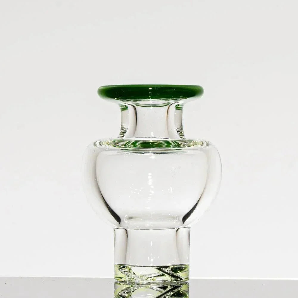 Clear glass vase with green rim and base, featuring a bulbous body and narrow neck